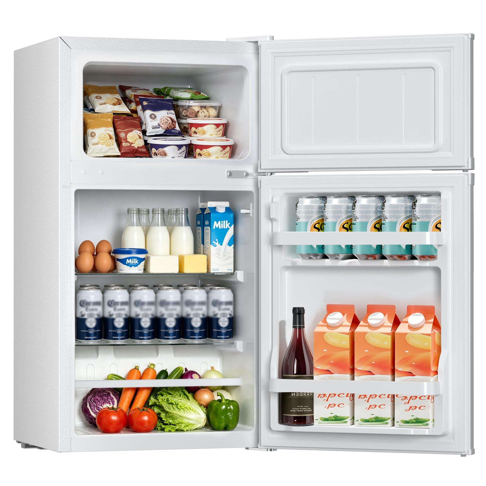 Kismile 2.5 Cu.Ft Mini Fridge with Freezer, Double Door Compact Refrigerator, 3-Level Mechanical Thermostat, Reversible Door&Rem