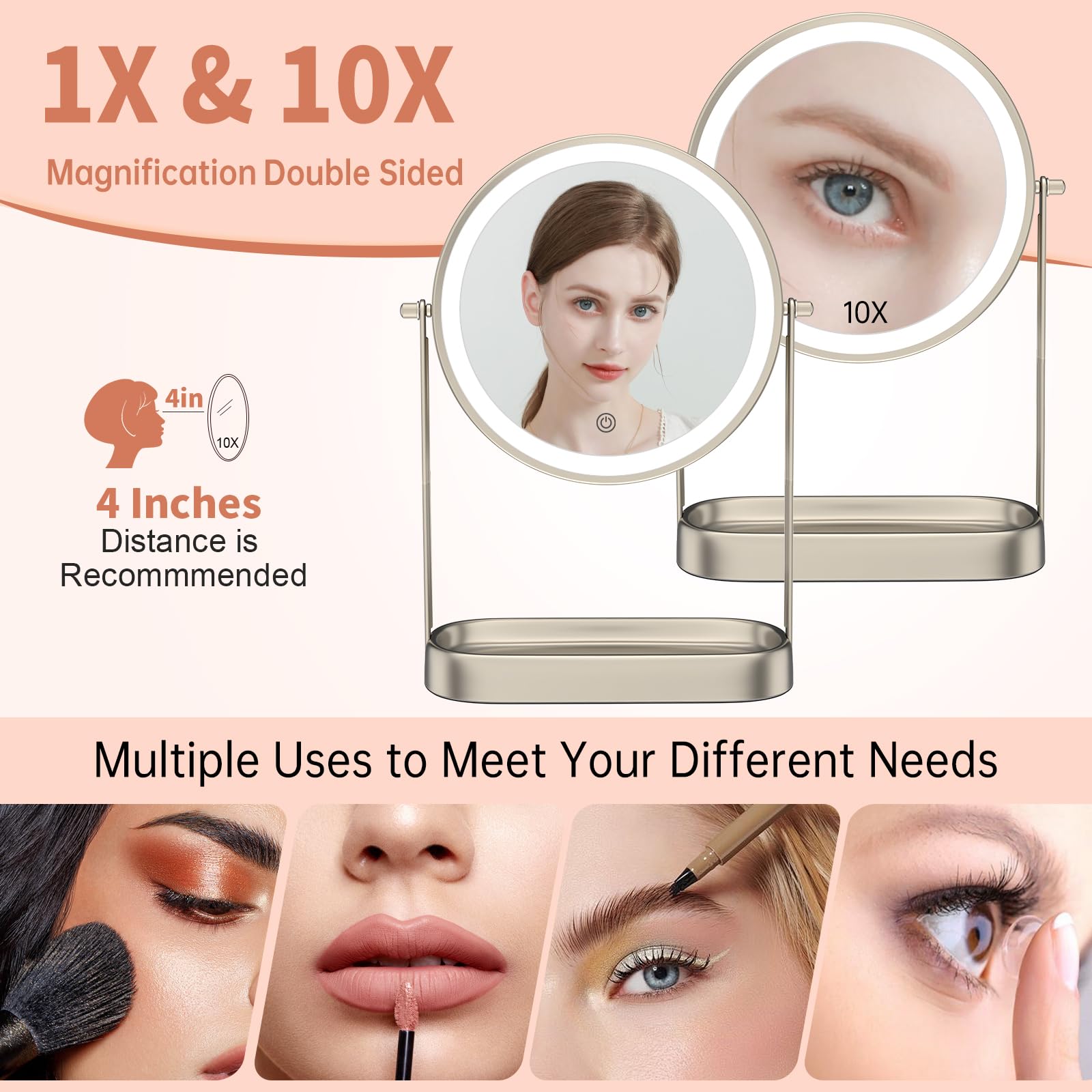 Fascinate 10X Lighted Makeup Mirror With Storage, Rechargeable Magnifying Mirror With Lights 8'', Brightness Adjustable, Double