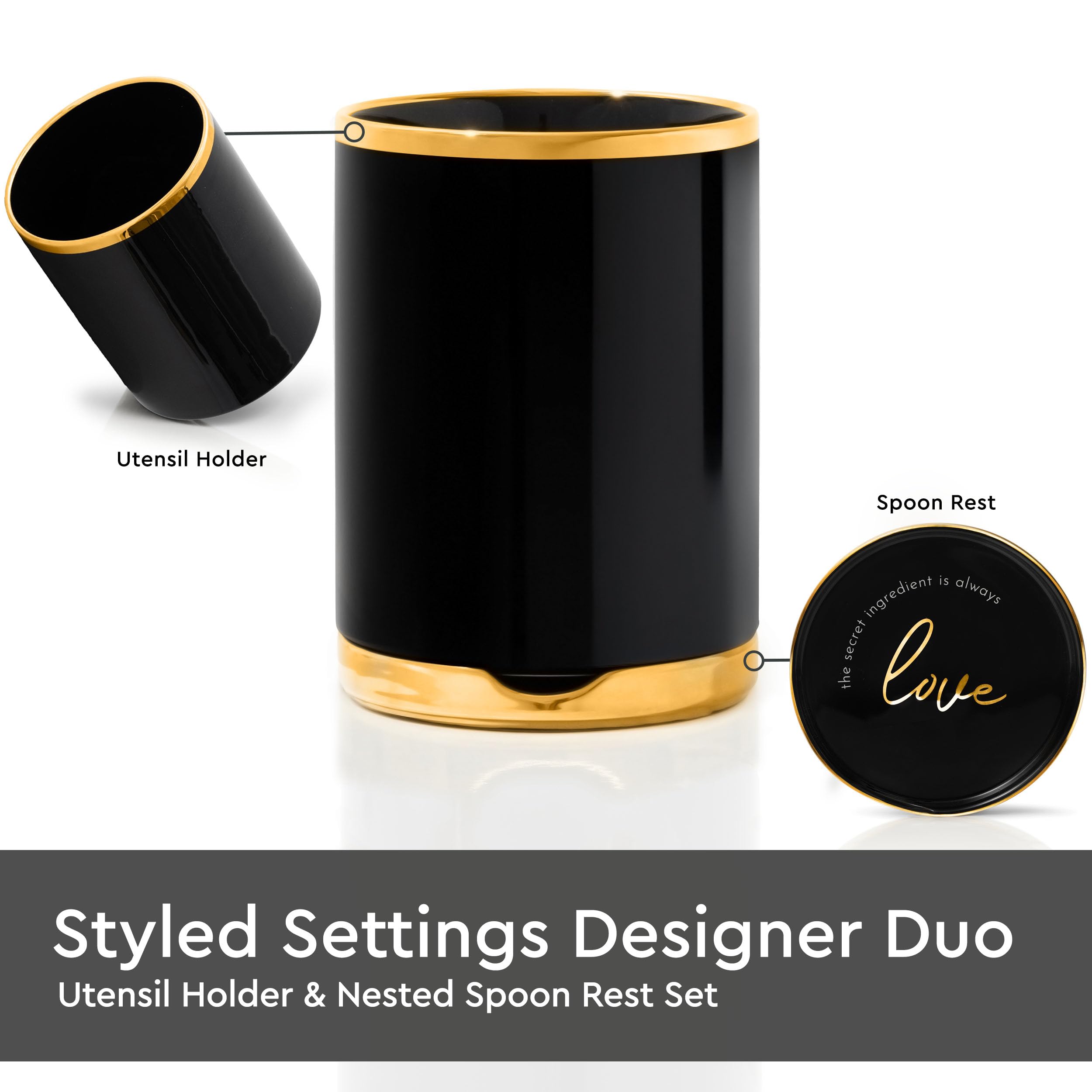 Styled Settings Black And Gold Utensil Holder With Built-In Spoon Rest - 2 Pc Large Ceramic Utensil Holder Includes Black & Gold