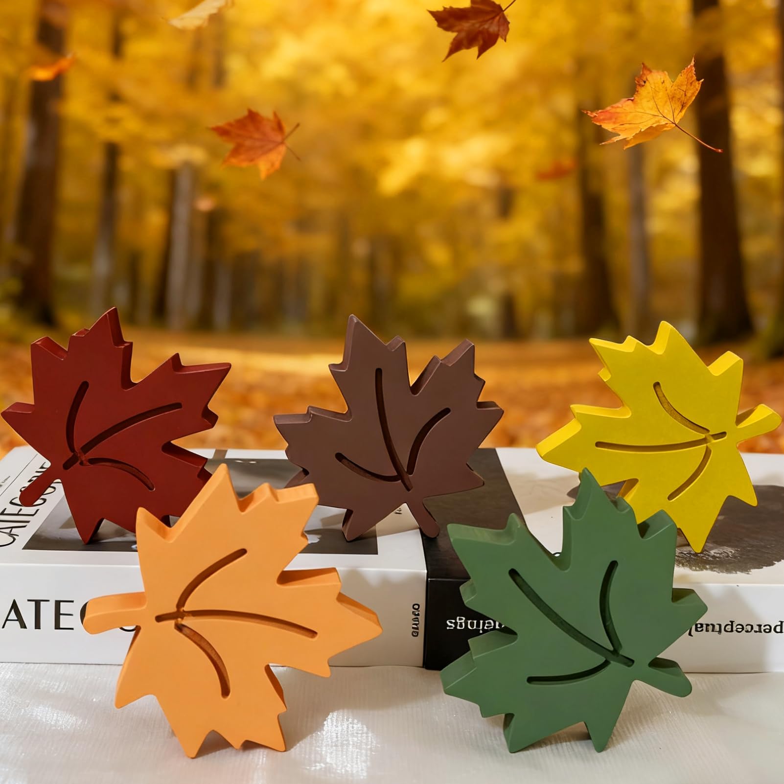 5 Pcs Wooden Maple Leaf Ornaments Autumn Leaves Red Orange Yellow Green Brown Harvest Sign for Farmhouse Thanksgiving Home Offic