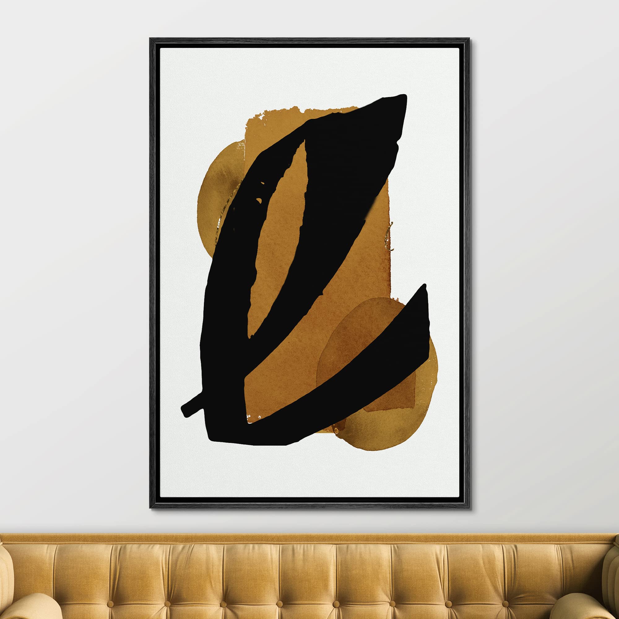 Signford Framed Canvas Print Wall Art Mid-Century Black Brown Pastel Polygons Abstract Shapes Illustrations Modern Art Decorativ