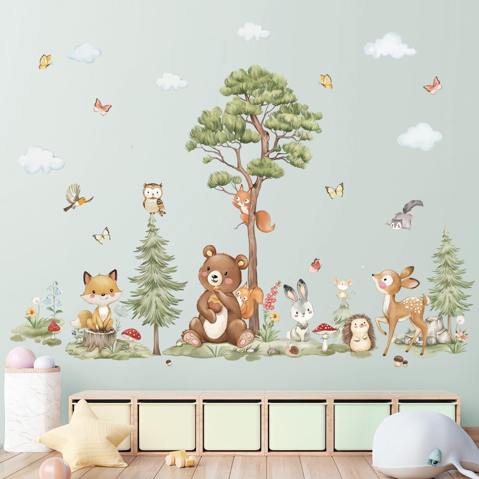 Wondever Woodland Animals Wall Stickers Large Pine Tree Forest Bear Deer Fox Peel And Stick Wall Art Decals For Baby Nursery Kid