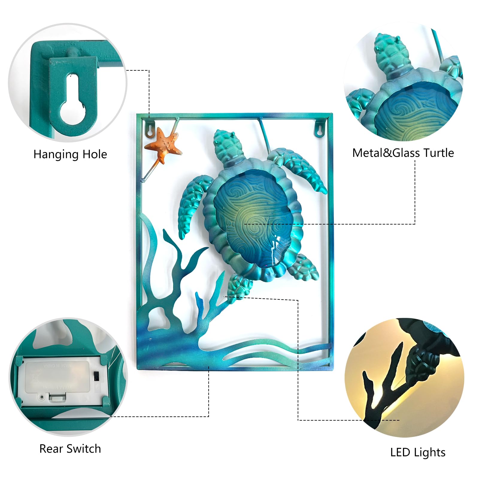 LIFFY Metal Sea Turtle Beach Themed Bathroom Wall Art Decor with Frame-Outdoor Wall Art with LED Fairy Lights, Fish Glass Art Wa