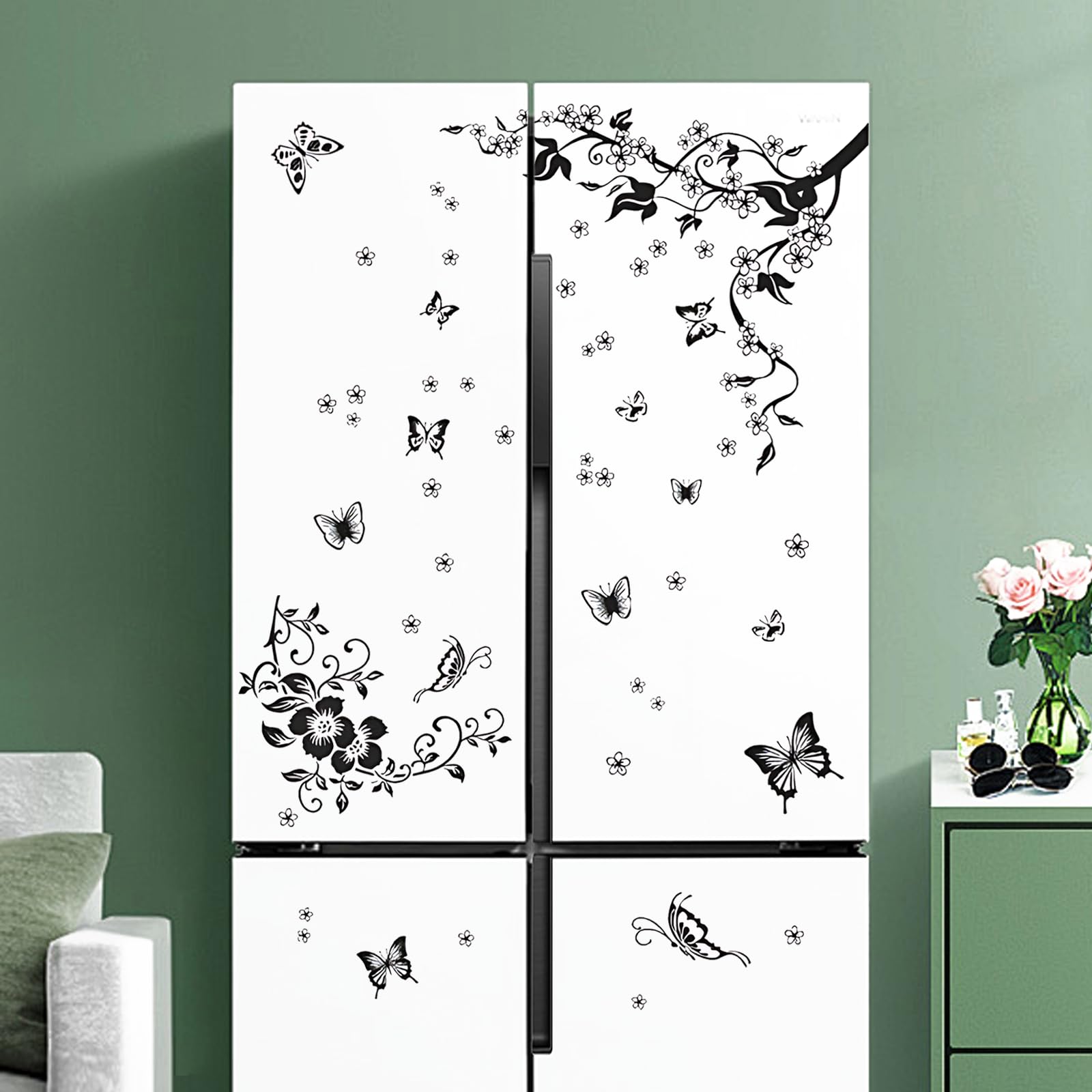 Supzone Flowers Vine Wall Decals Black Flowers Wall Stickers Butterfly Wall Decor Removable Vinyl Wall Art Stickers for Bedroom Living Room Office Sofa Backdrop TV Wall Home Decoration