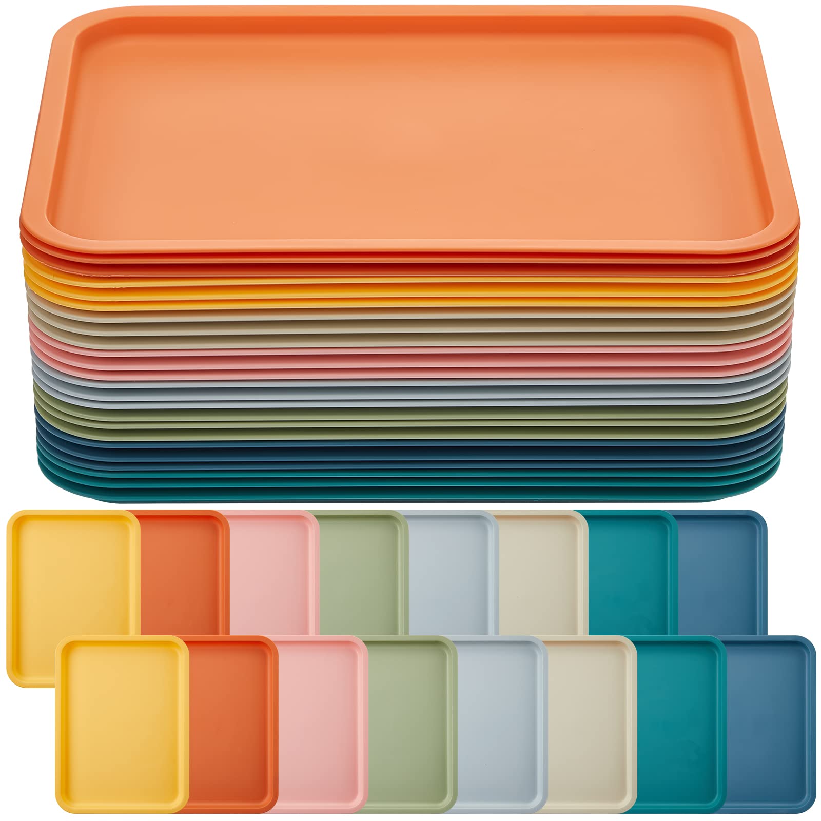 Mumufy 24 Pcs Plastic Fast Food Trays Bulk Colorful Restaurant Serving Trays Cafeteria Tray Rectangular Trays Plastic Serving Pl