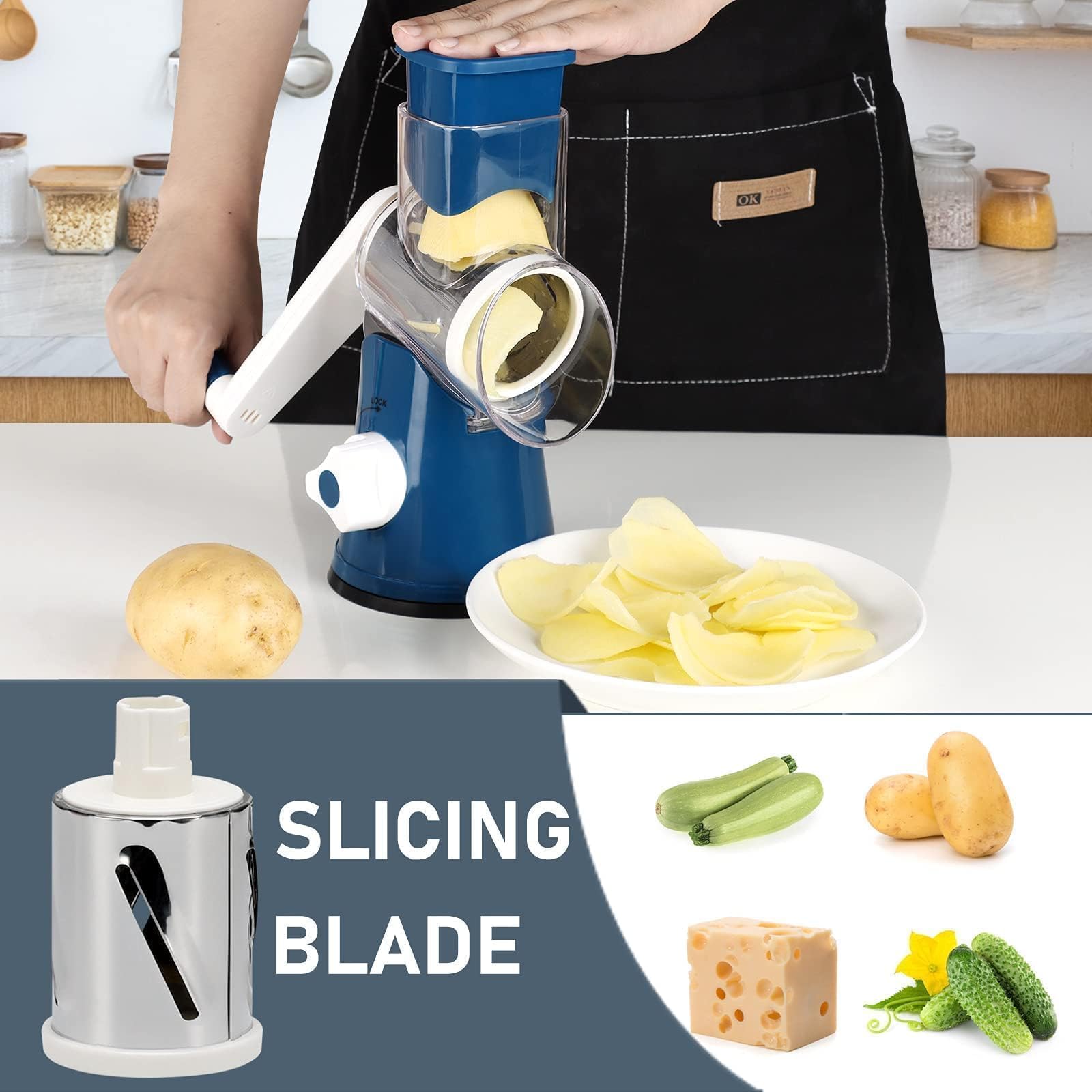 Keouke Rotary Cheese Grater With Handle Vegetable Cheese Shredder Slicer Grater For Kitchen 3 Changeable Blades For Cheese Potat