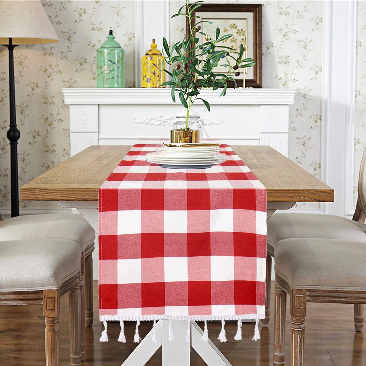 Duobao Checkered Table Runner 14X90-Inch Red And White Buffalo Plaid Tablecloth Runners With Tassels Farmhouse Gingham Fabric 90