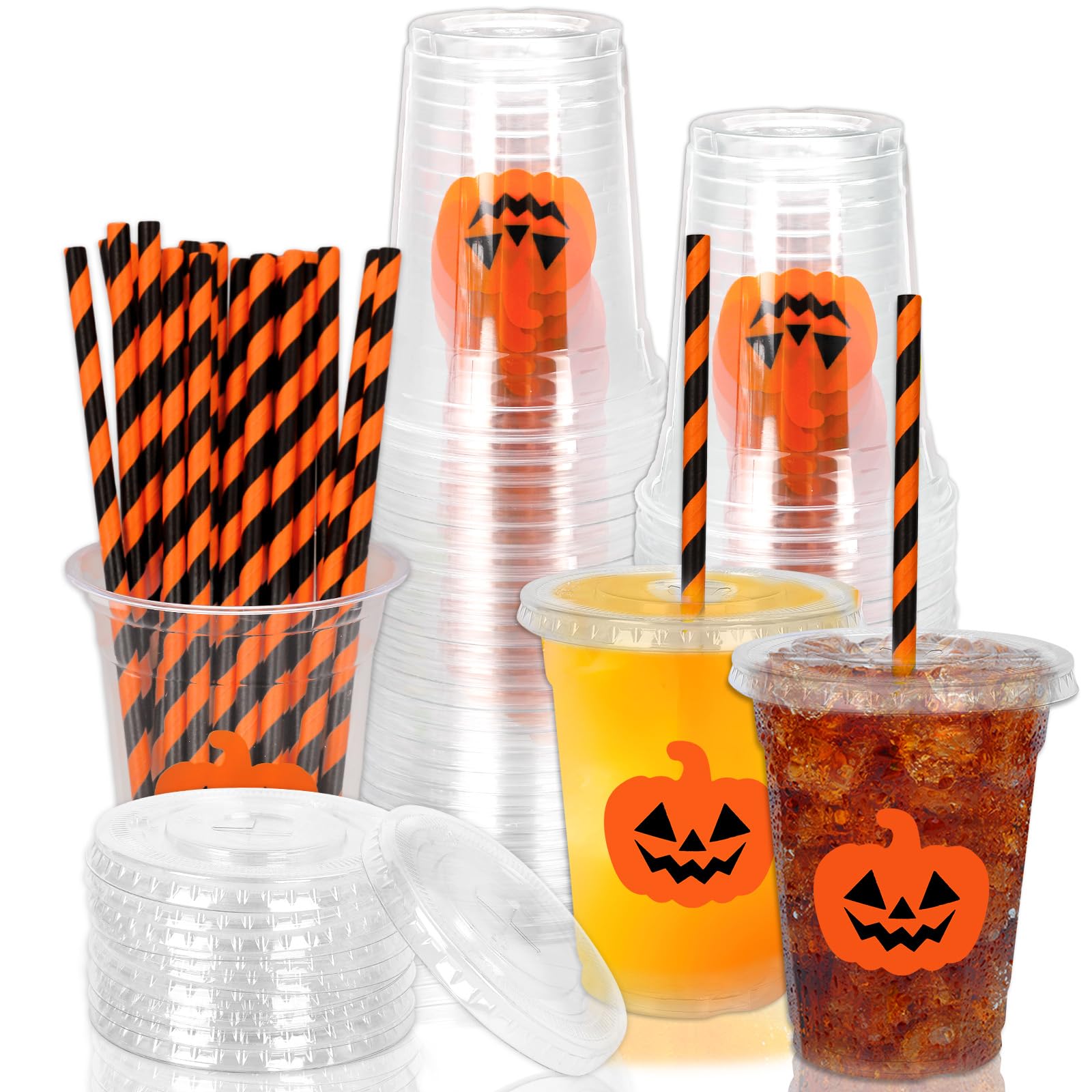 Whaline 50 Pcs Halloween Disposable Plastic Cups with Lids and Straws Orange Spooky Pumpkin Face Cold Beverage Drinking Cups for