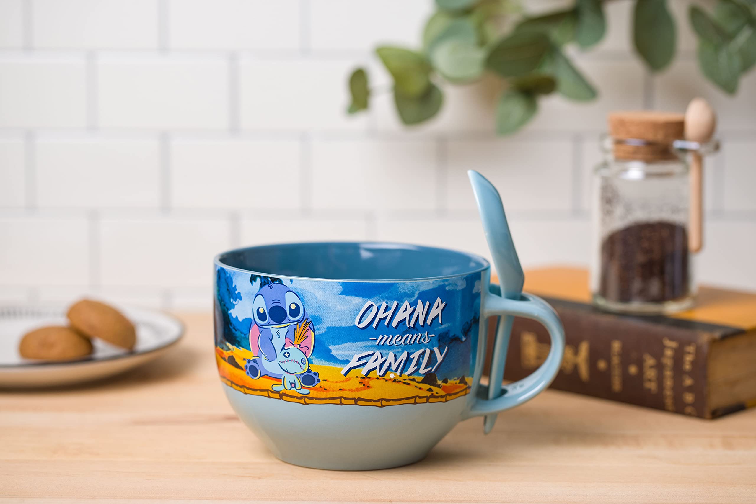 Silver Buffalo Stitch And Scrump Ohana Means Family Boxed Ceramic Soup Mug Spoon Set, 24 Ounces