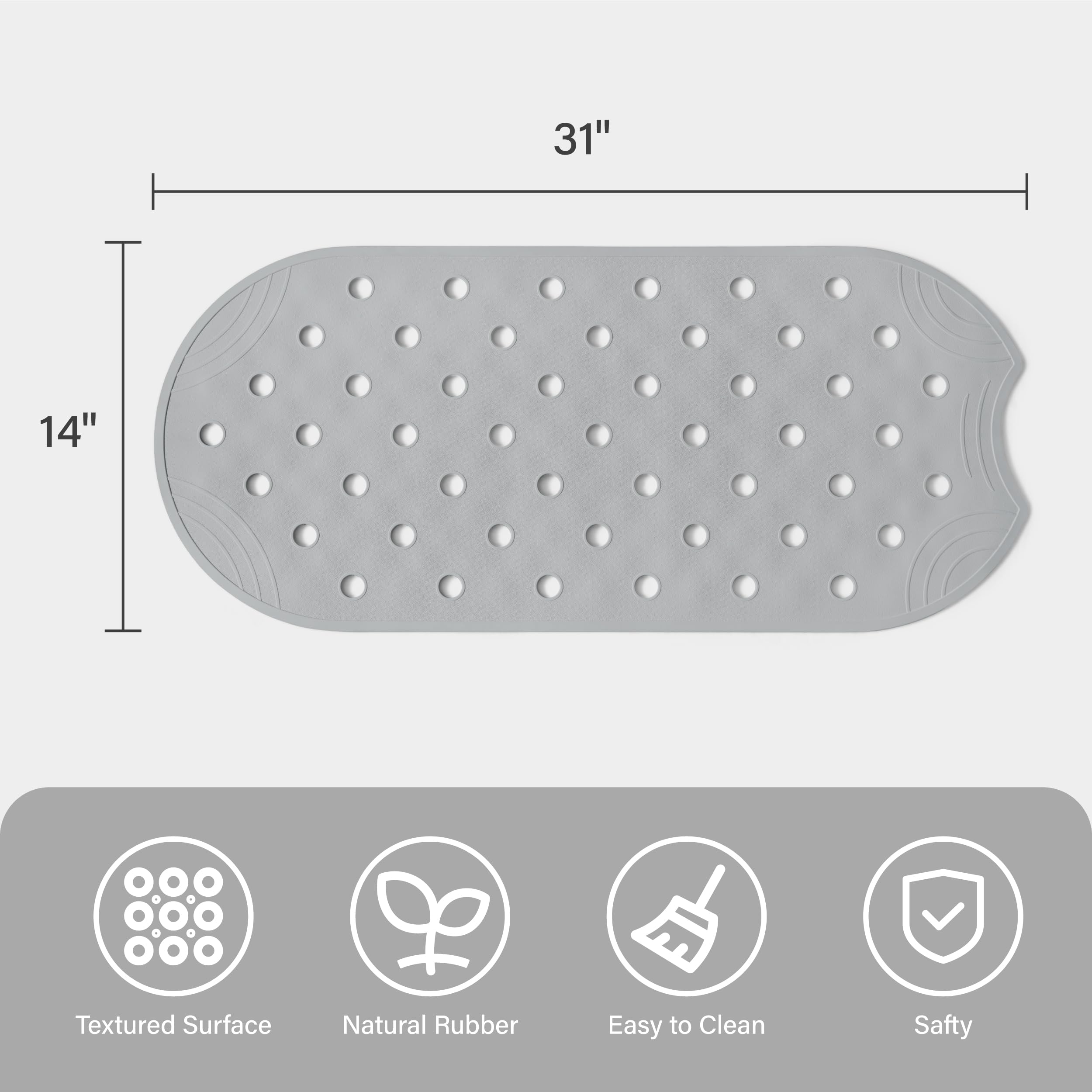 Selfsuite Rubber Bathtub Mat Shower Mat Non-Slip, 31X14 Inch, Bath Tub Floor Mat With Suction Cups And Drainage Holes, Grey
