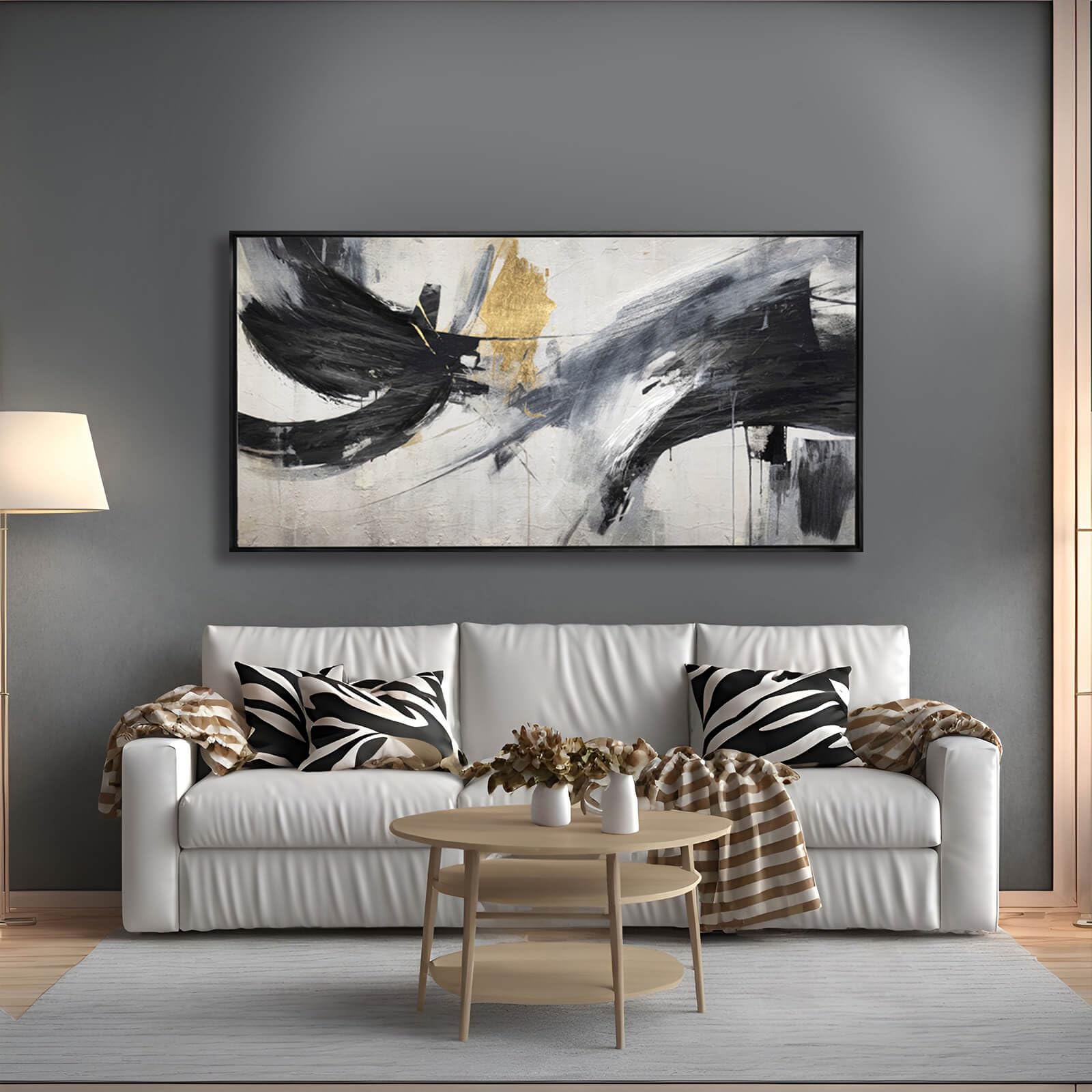 Black White Decor Abstract Lines Picture Framed Wall Art Large Wall Decorations Neutral Room Decor 24''X 48'' Painting