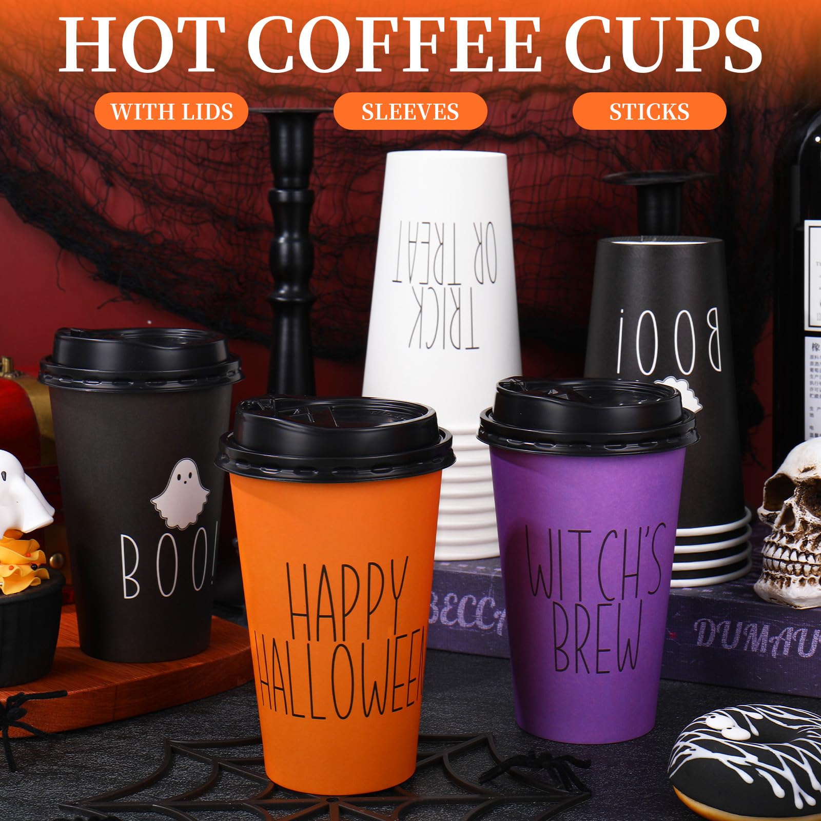 JarThenaAMCS Fall 48 Pcs 4 colors Coffee Cups with Lids 16 Oz Autumn Thanksgiving Disposable Coffee Cups for Hot Cold Beverage D