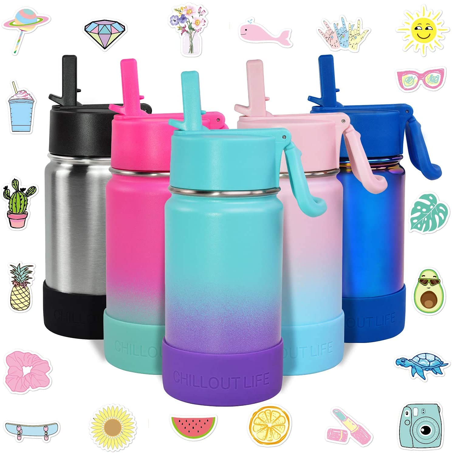 Chillout Life 12 Oz Kids Insulated Water Bottle For School With Straw Lid Leakproof And Cute Waterproof Stickers, Personalized S