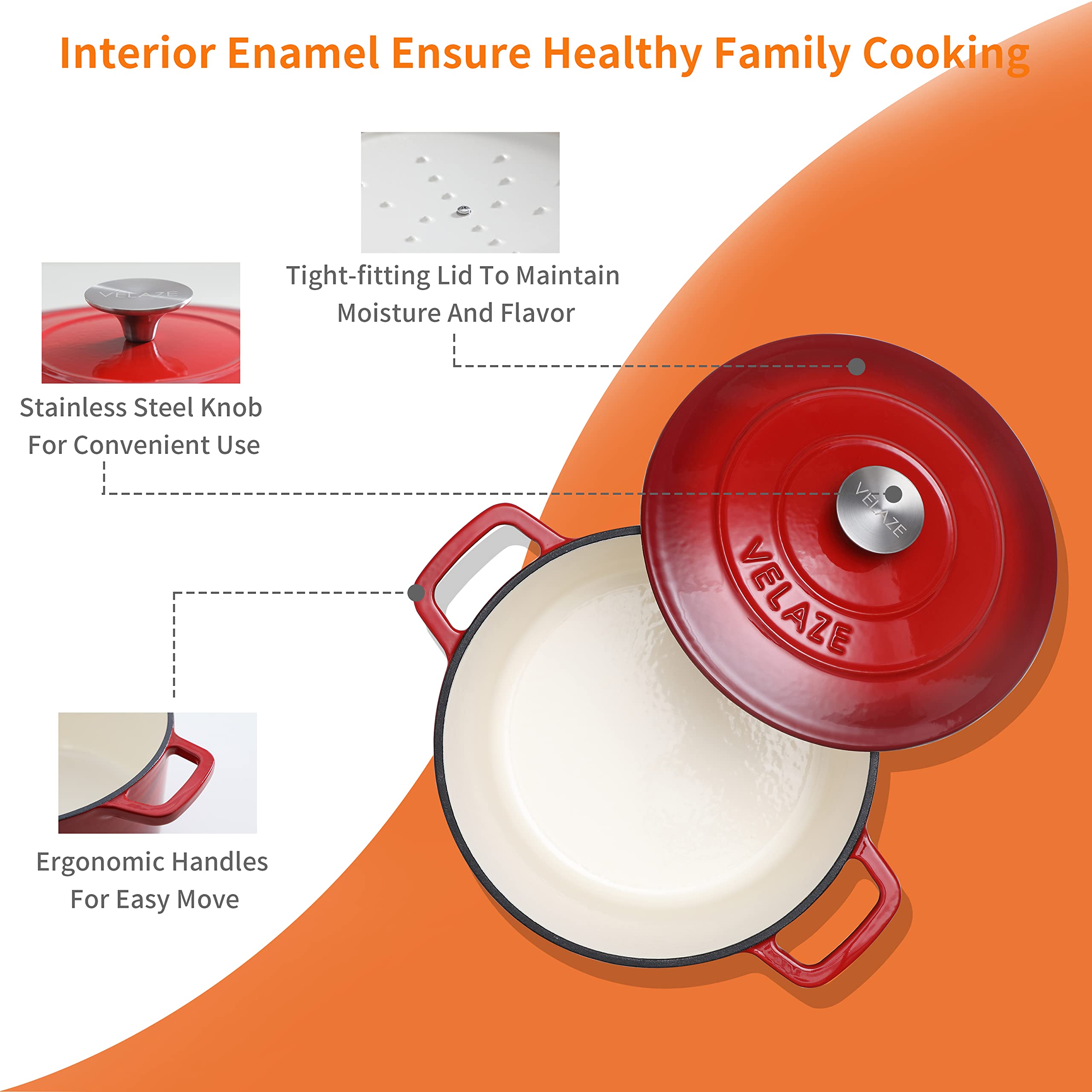 Velaze 6 Qt Enameled Cast Iron Dutch Oven, Dual Handles Dutch Oven Pot With Lid,Heavy-Duty Non-Stick Round Dutch Oven For Bread