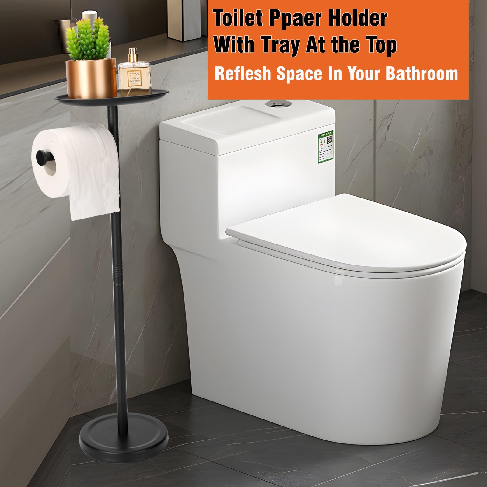 Tofix Toilet Paper Holder With Shelf, Black Toilet Paper Holder With Tray At The Top, Freestanding Toilet Paper Holder Stand (St