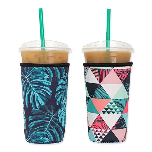 Baxendale and Co Reusable Neoprene Insulator Sleeves for Large Sized Iced Coffee and Cold Drink Cups (2 PK Large 32oz  Triangle & Monstera)
