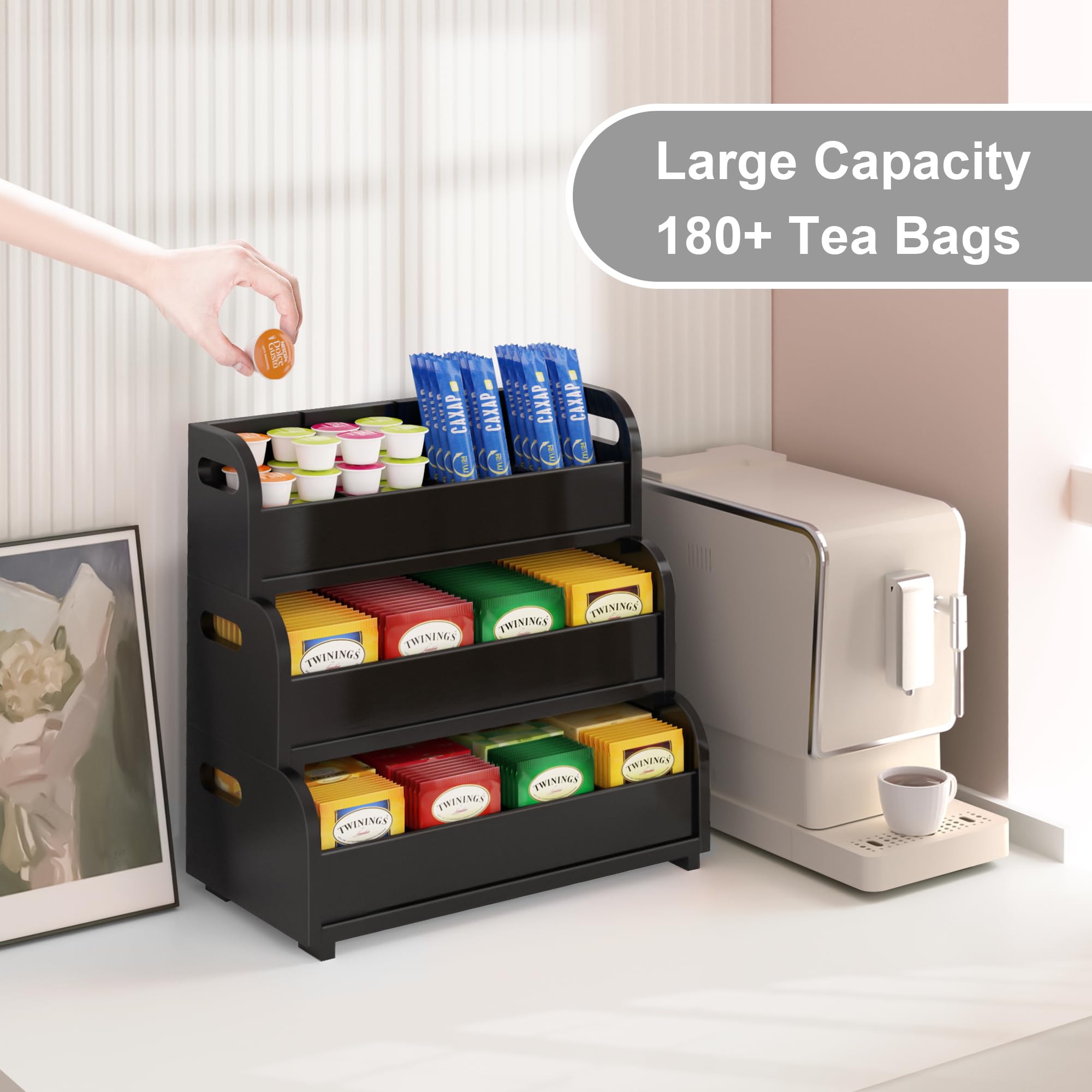 Tea Holder For Tea Bags Organizer - Black Bamboo Tea Organizer For Tea Bags 3-Tier Stackable Wall Mount Large Capacity Tea Stora