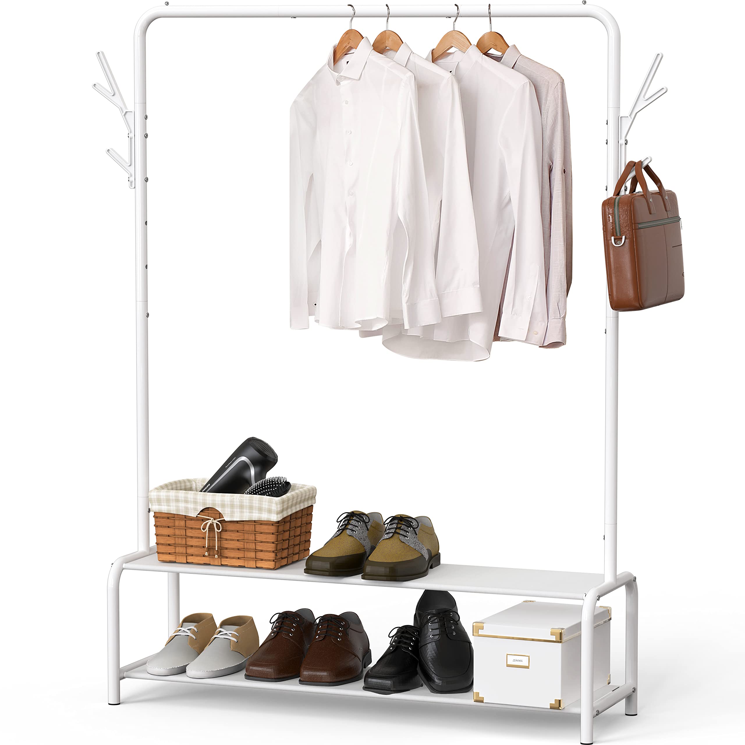 Simple Houseware Garment Rack With Storage Shelves And Coat/Hat Hanging Hooks, White