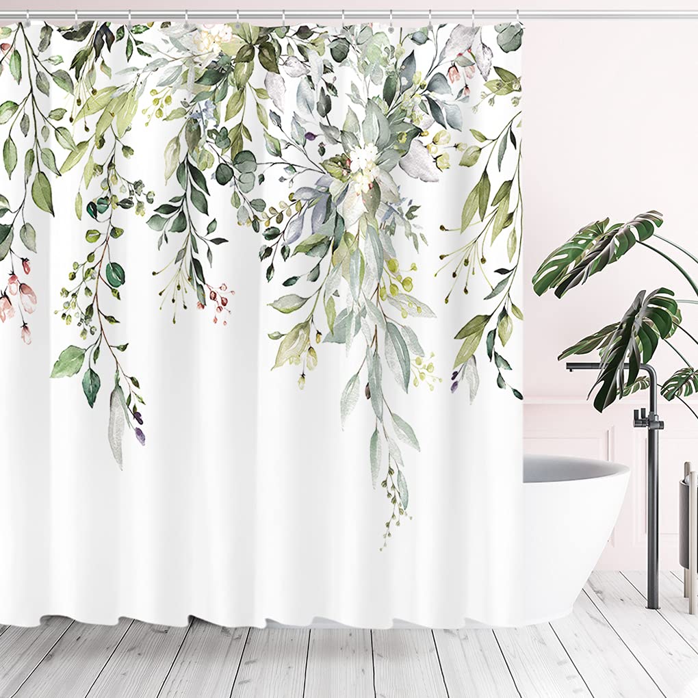 Tititex Eucalyptus Shower Curtain Sets, Watercolor Leaves On The Top Plant With Floral Bathroom Decoration 72X78 Inch With Hooks