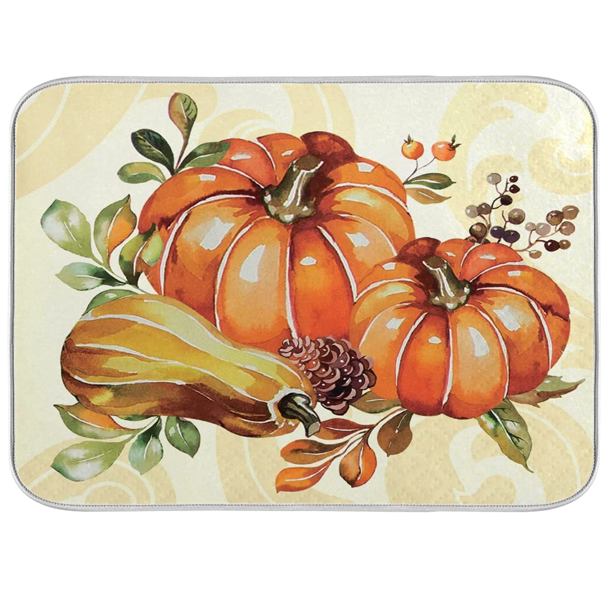 Fall Harvest Pumpkin Dish Drying Mat 18X24 For Kitchen Counter Autumn Maple Leaves Happy Thanksgiving Day Drying Mat Pad Absorbe