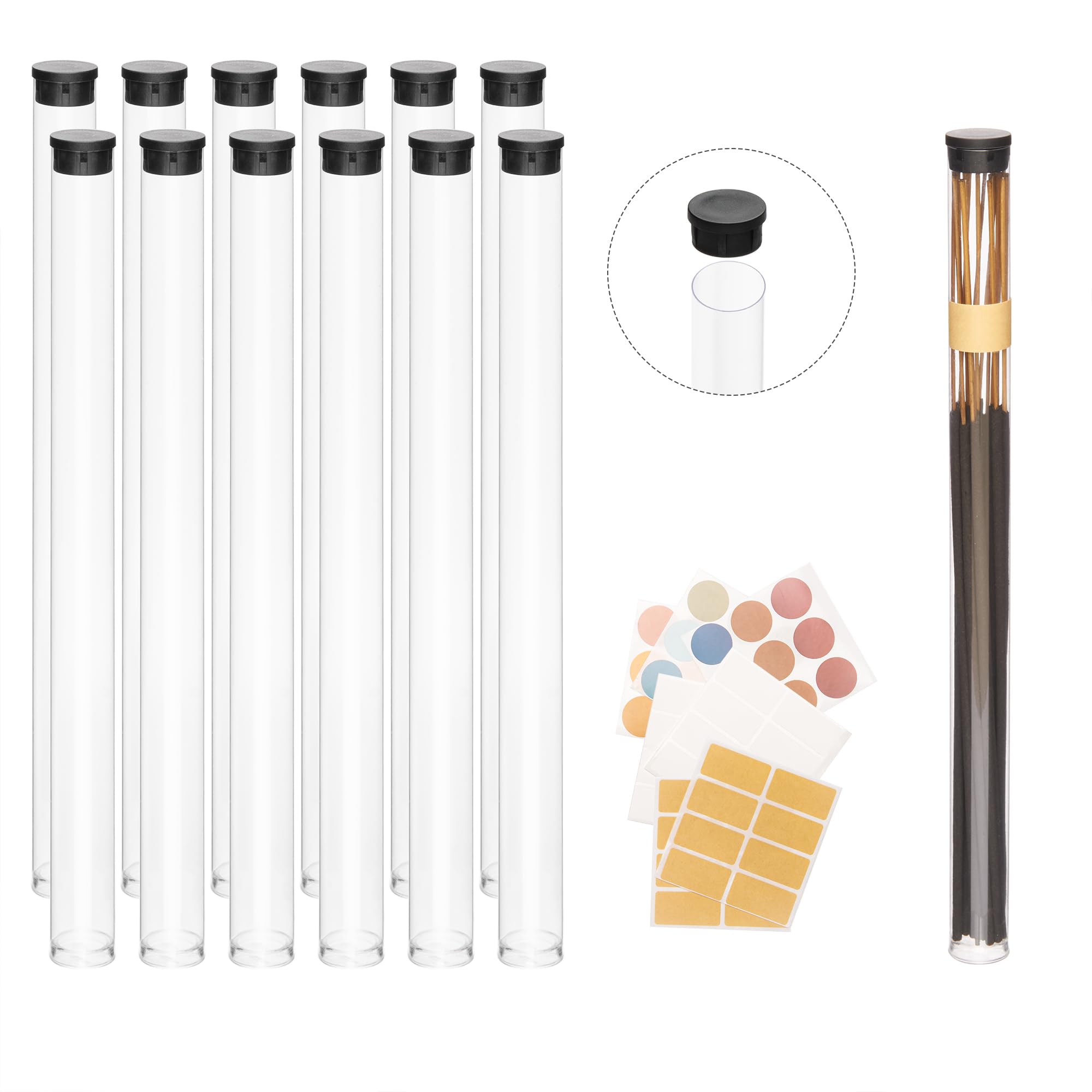 Clear Plastic Tube with Black lid, 12 Pack, Storage Holder for 8-10 inch Incense Sticks, Preserves Aroma (12)