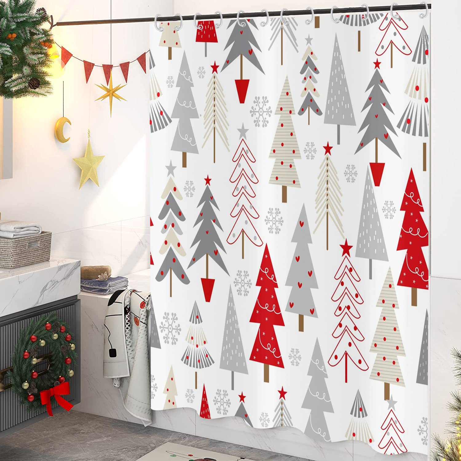Gcirec Christmas Tree Shower Curtain, Grey Beige Red Xmas Tree With Stars Snowflake Cute Bathroom Curtain For Boys Girls Bathtub