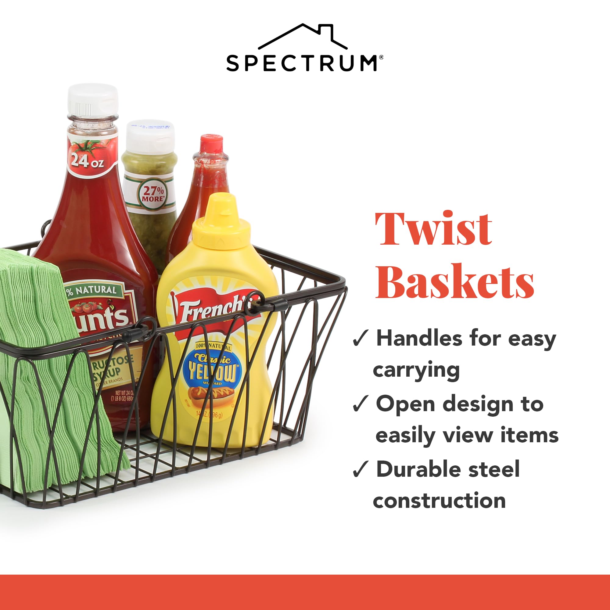 Spectrum Diversified Twist Storage Handles  Modern Farmhouse D?cor Farmer?s Market-Style Wire Basket for Organizing Bathroom  Pantry & Craft Room  Medium  Black