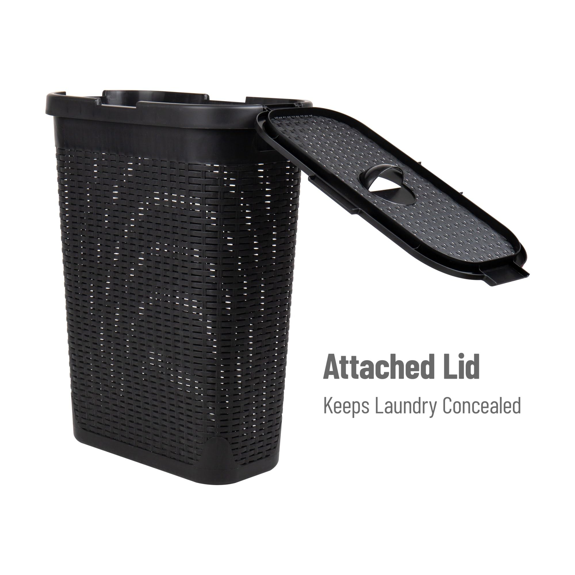 Mind Reader 40L Slim Laundry Hamper, Clothes Basket, Lid, Wicker Design, Plastic, 18''L X 10.4''W X 23.5''H, Black