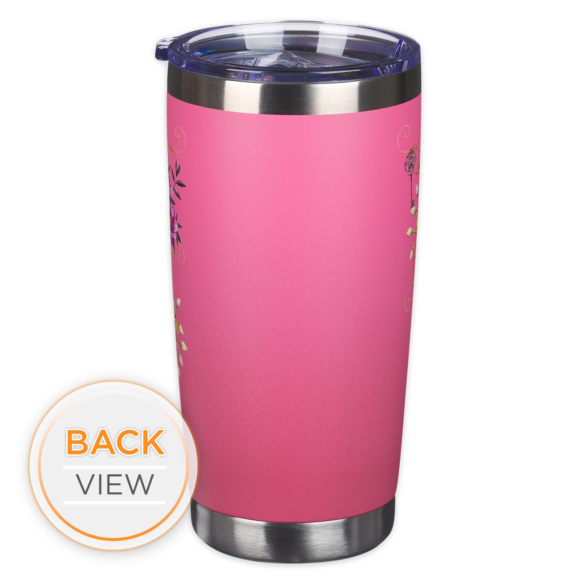 Christian Art Gifts Stainless Steel Double Wall Vacuum Insulated Travel Mug 18 Oz Butterfly Pink Bpa-Free Tumbler With Retractab