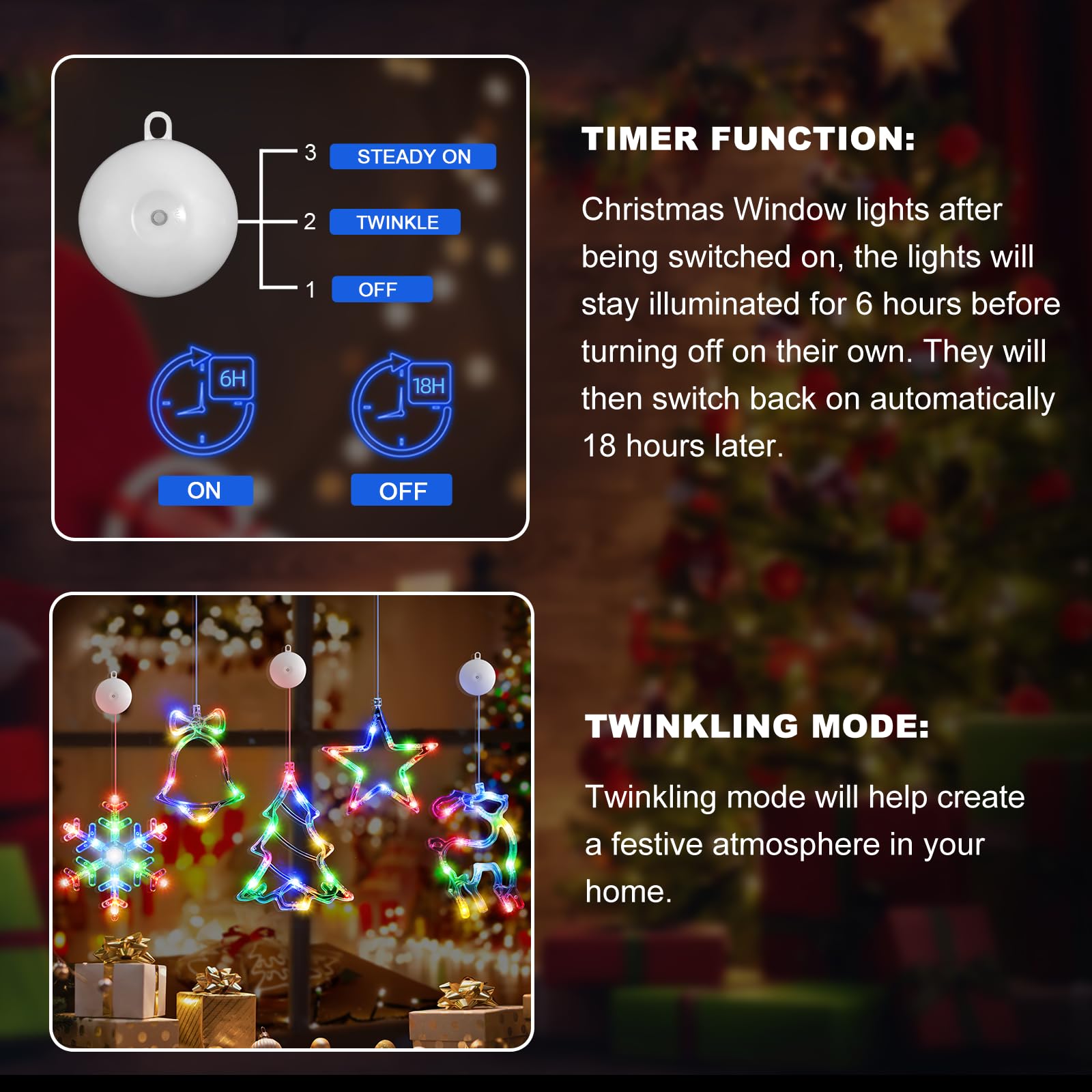 LYUBASA 5Pack Christmas Window Lights Decorations with Timer,Battery Powered Christmas Hanging Multicolor Lighted Snowflake Tree