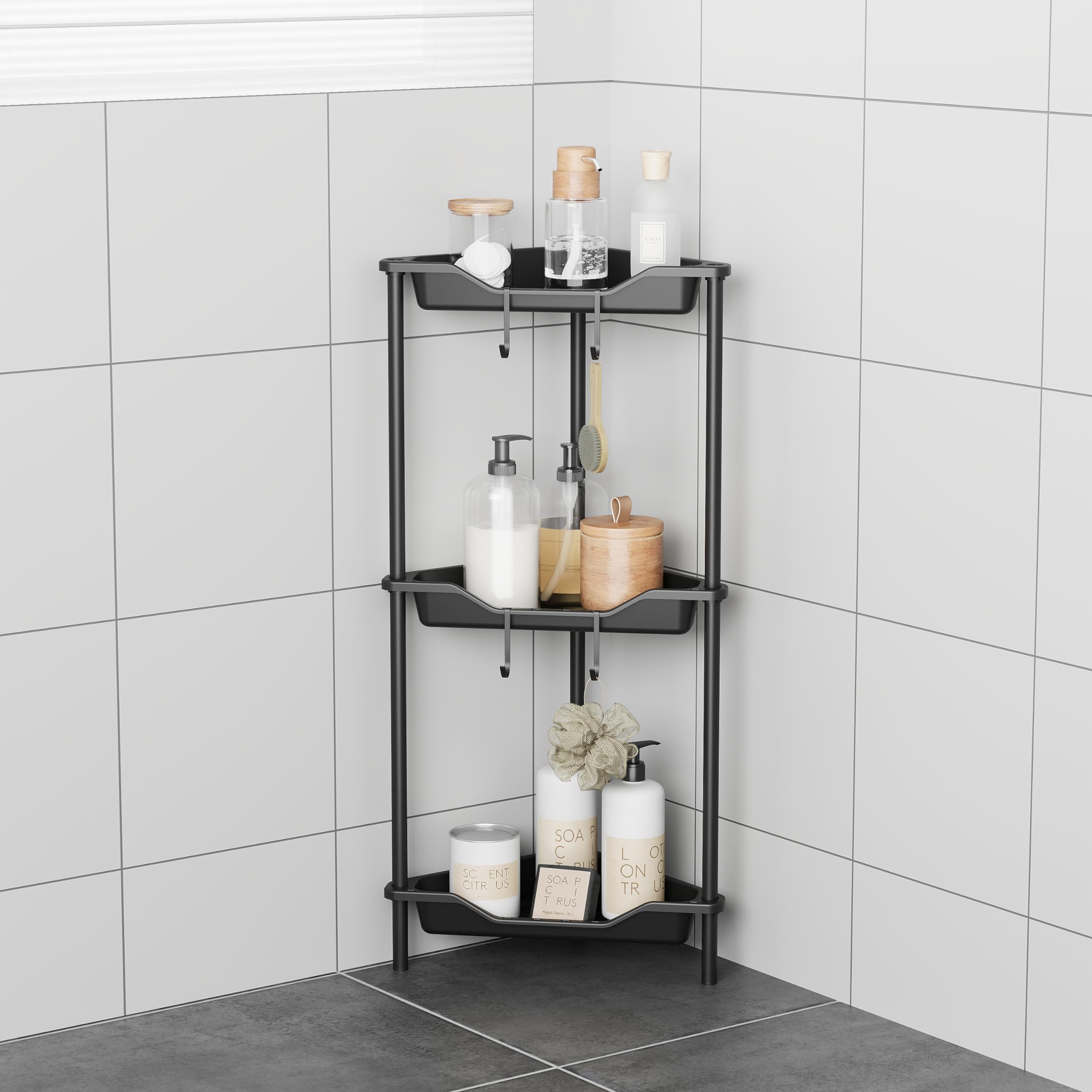 Odesign 3 Tier Floor Standing Corner Shower Caddy Organizer Plastic Metal Splicing Shelf Storage Rack For Bathroom Black - Rustp