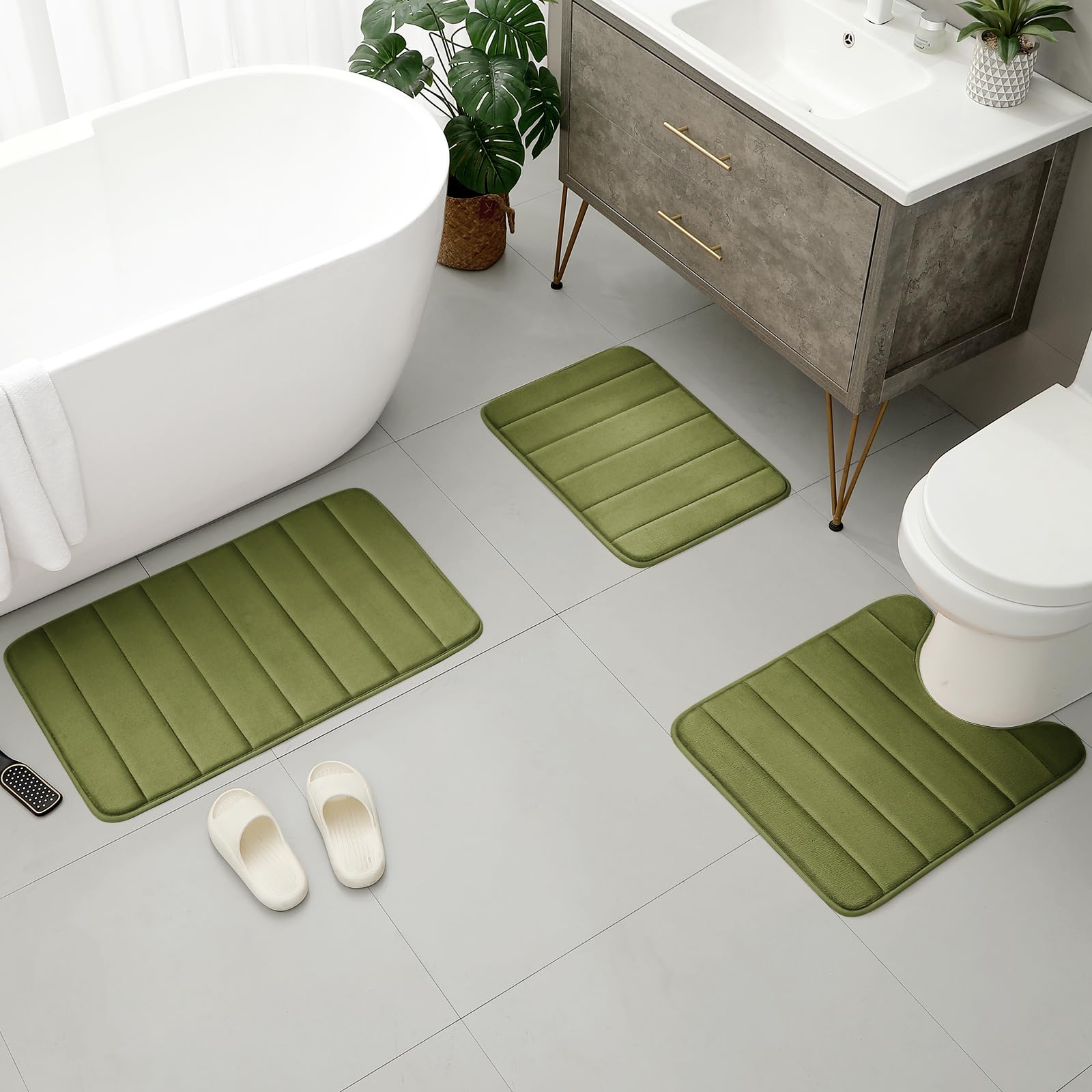 Bysure Sage Green Memory Foam Bathroom Rug Set 3 Piece, Non Slip Extra Soft Absorbent Bath Mats, Machine Washable & Dry Toilet M