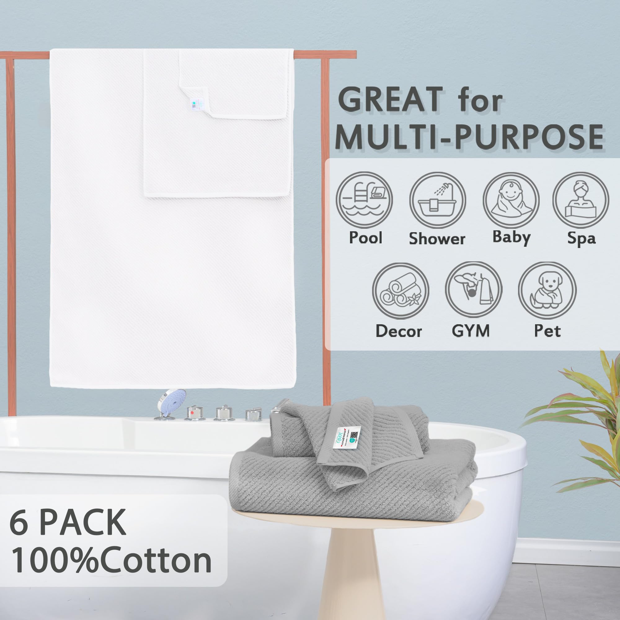 Voova & Movas Bathroom Towel Set - 100% Cotton | Soft | Quick Dry, Towel Set Of 6, 2 Large Bath Towels 30''X56'', 2 Hand Towels