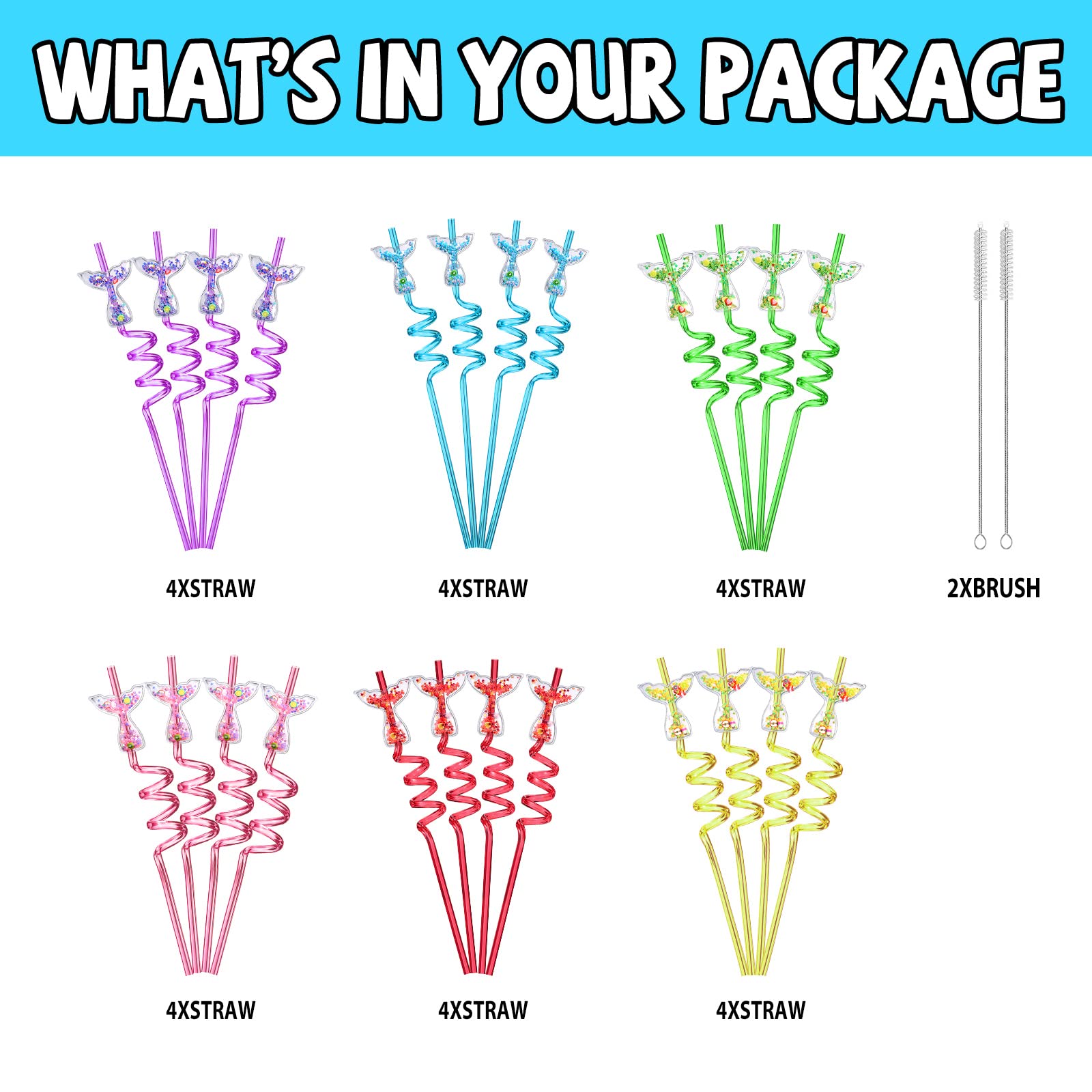 24 Glitter Mermaid Party Favors Mermaid Tail Drinking Straws For Mermaid Birthday Party Supplies With 2 Pcs Straws Cleaning Brus