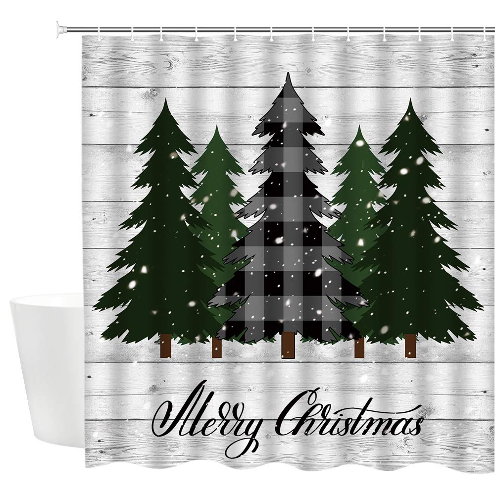 Dmtty Merry Christmas Shower Curtain Farmhouse Decor Black Green Buffalo Check Plaid Christmas Tree Bathroom Curtain Fabric Bath