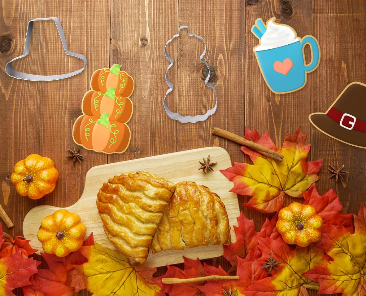 Fall Thanksgiving Cookie Cutter Set, 6Pcs Stainless Steel Autumn Biscuit Cutters Pumpkin Maple Leaf Hat Coffee Cup Pie Turkey Sh