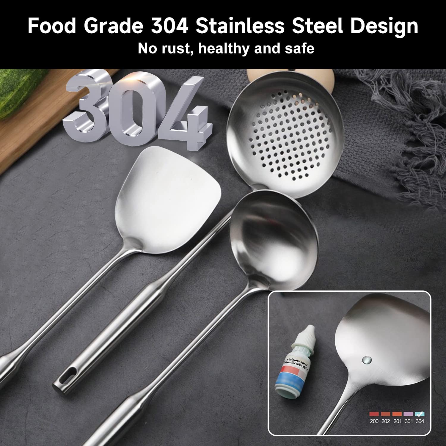 Niitawh Stainless Steel Wok Spatula, Wok Utensils For Carbon Steel, Wok Tools Professional Set, 3-Pieces 304 Stainless Steel Coo