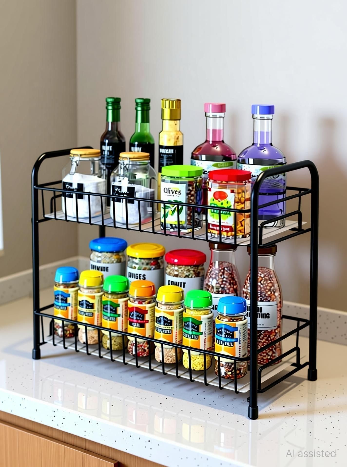 Anjil 2Tier Black Metal Spice Rack For Kitchen Countertop, Storage Organizer For Jars, Bottles And Containers, 39.6 X 18.4 X 30