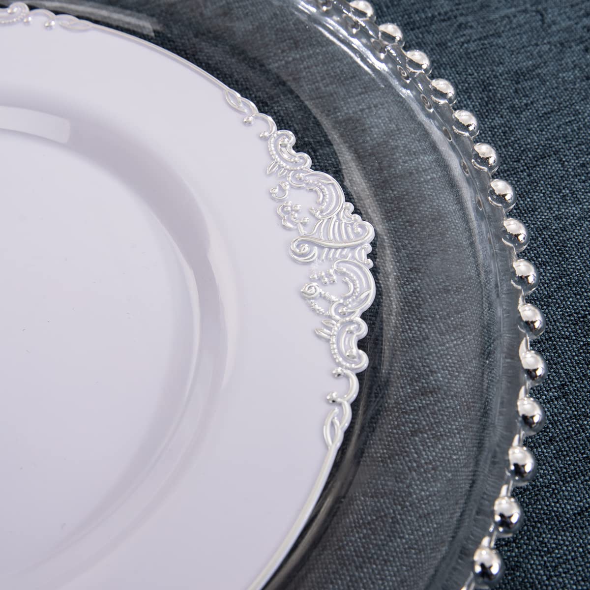 Hioasis 100pcs White Silver Plastic Plates for Party - 7.5 Dinner Plates Disposable, Heavy -duty, Classy and Elegant for Thanksg