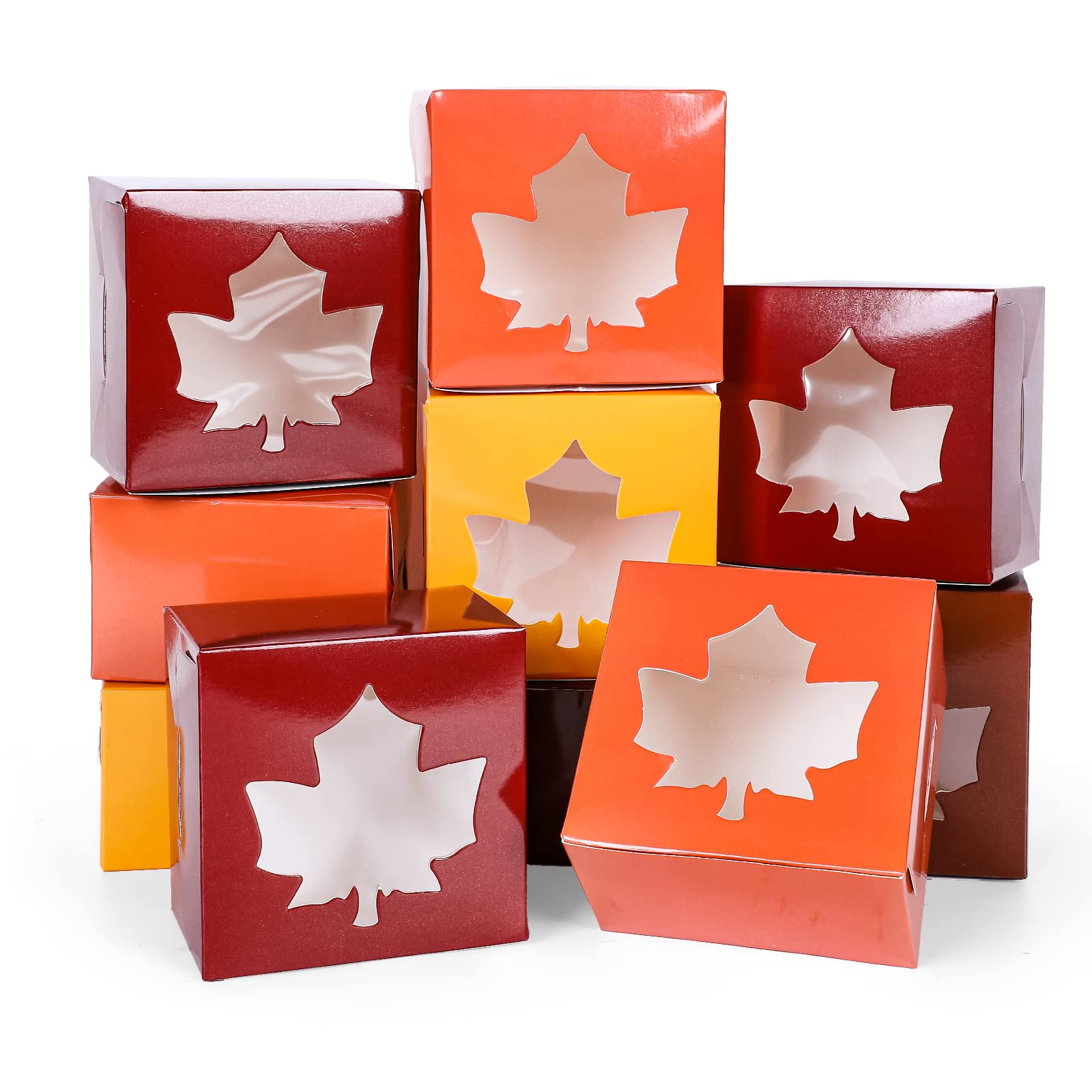 Anydesign 24Pcs Fall Treat Boxes 4 Colors Cardboard Box With Maple Leaf Shape Window Autumn Thanksgiving Paper Gift Container Fo