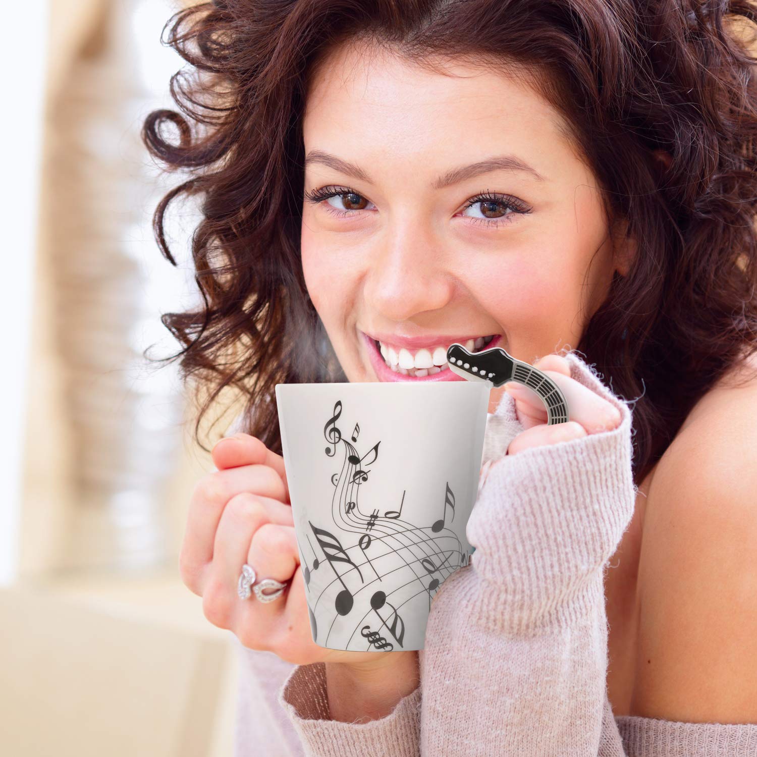 Buyneed 12.9 Oz Guitar Mug Music Note Tea Coffee Milk Ceramic Guitar Music Cup Mug Gifts For Guitar Players Musicians,Music Love