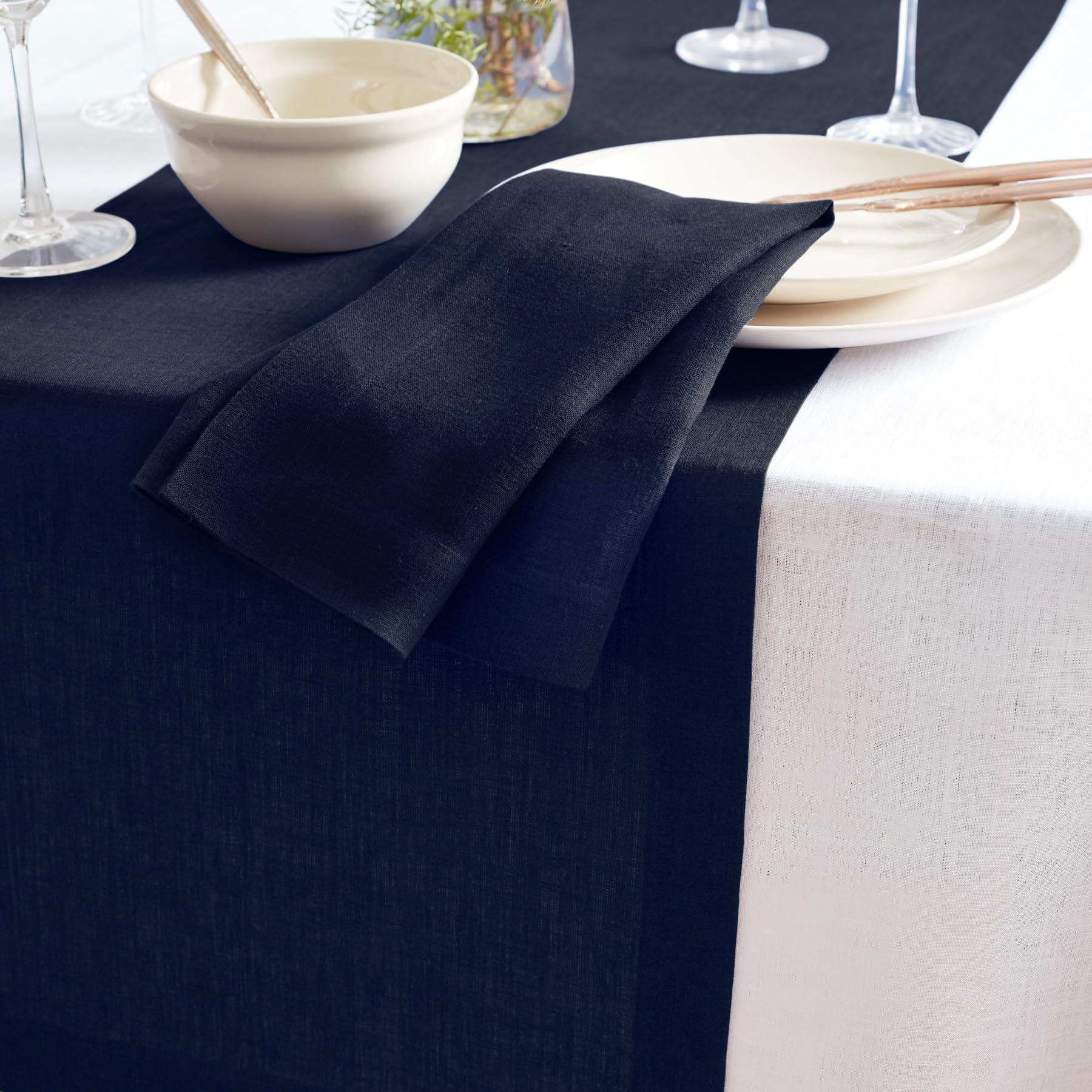 Solino Home Linen Indigo Navy Table Runner 90 Inches Long - Sonoma, 100% Pure Linen Prewashed Dining Table Runner 14 X 90 Inch I