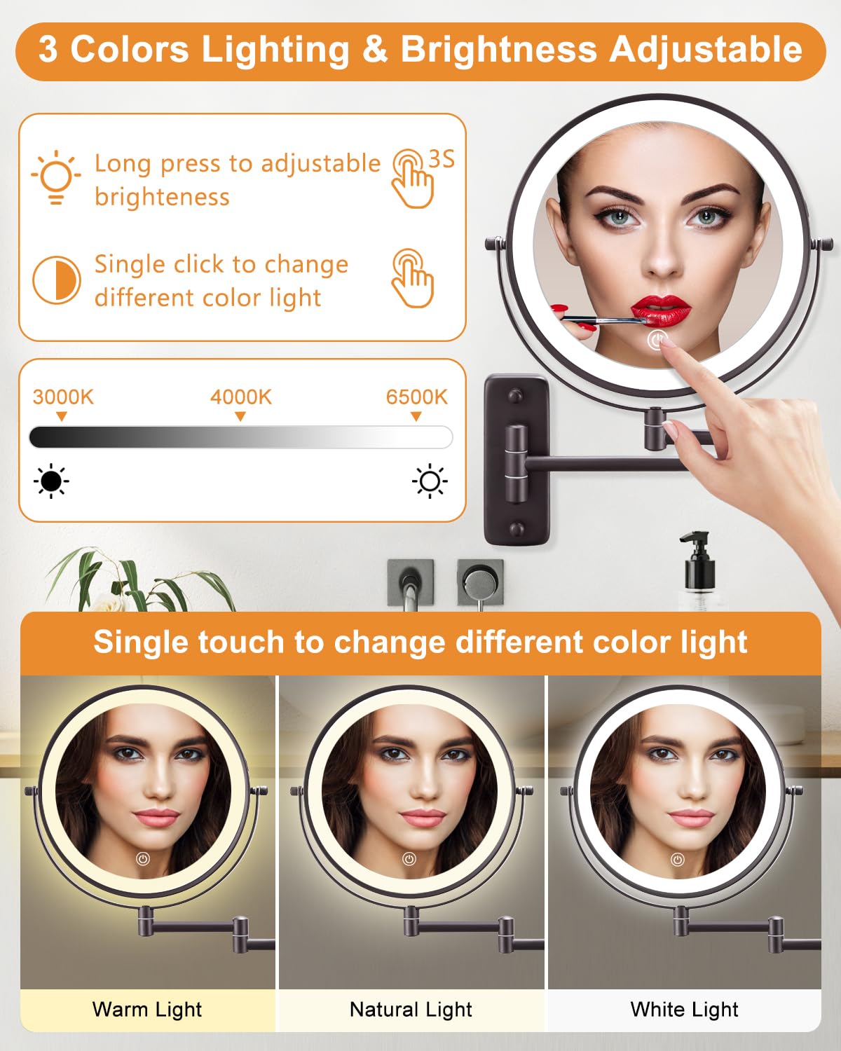 Decluttr 9 Inch Wall Mounted Lighted Makeup Mirror, Double-Sided Magnifying Mirror 1X/10X, 3 Colors Lighted Makeup Mirror, Touch