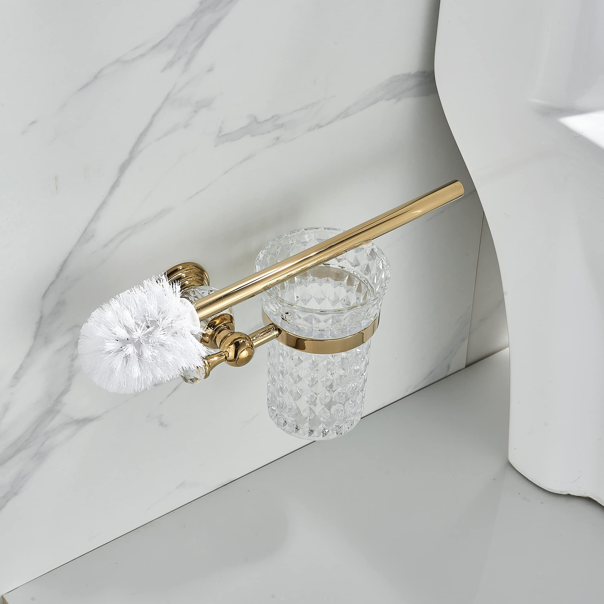 WOLIBEER Crystal Toilet Brush Holder  Polished Gold Brush Handle with Replaceable Brush Head  Stainless Steel Bathroom Cleaning Set Wall Mounted