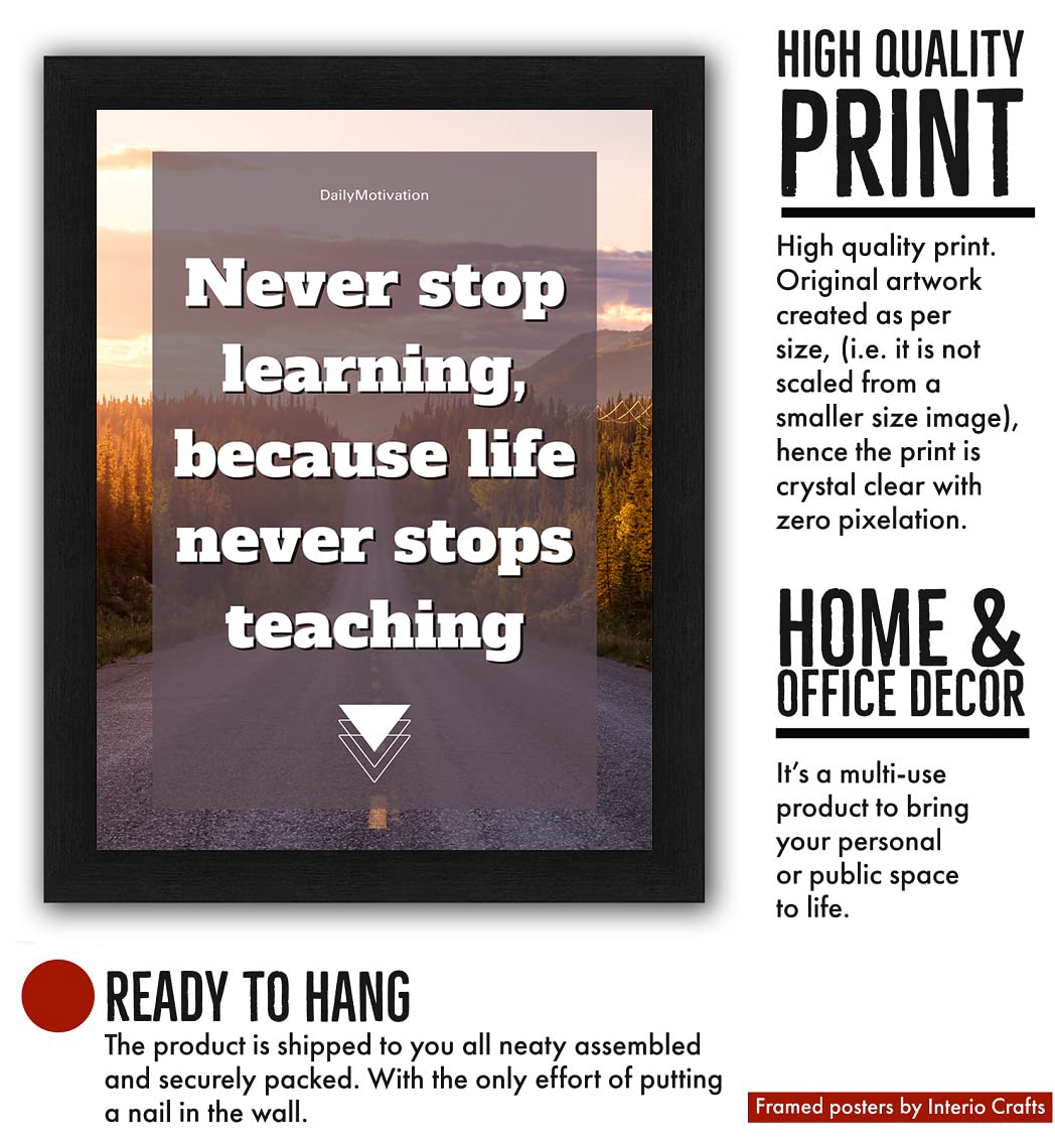 Interio Crafts Inspirational Wall Art Print, Never Stop Learning Quote, Sunset Mountain Scene, Black Frame Synthetic Wood - 13 X