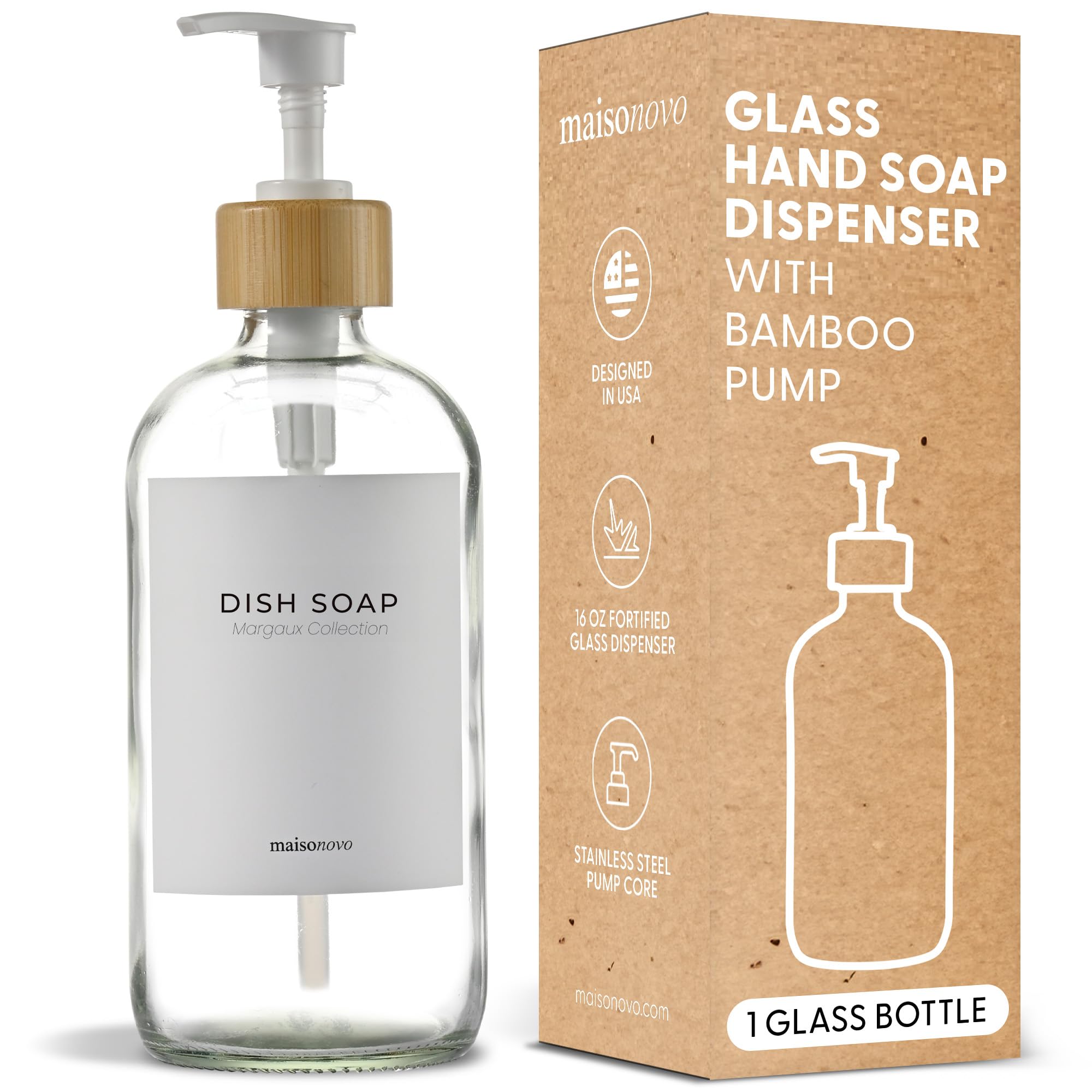 Maisonovo Kitchen Soap Dispenser | 16.9 Fl Oz Glass Clear Soap Dispenser With Bamboo Pump