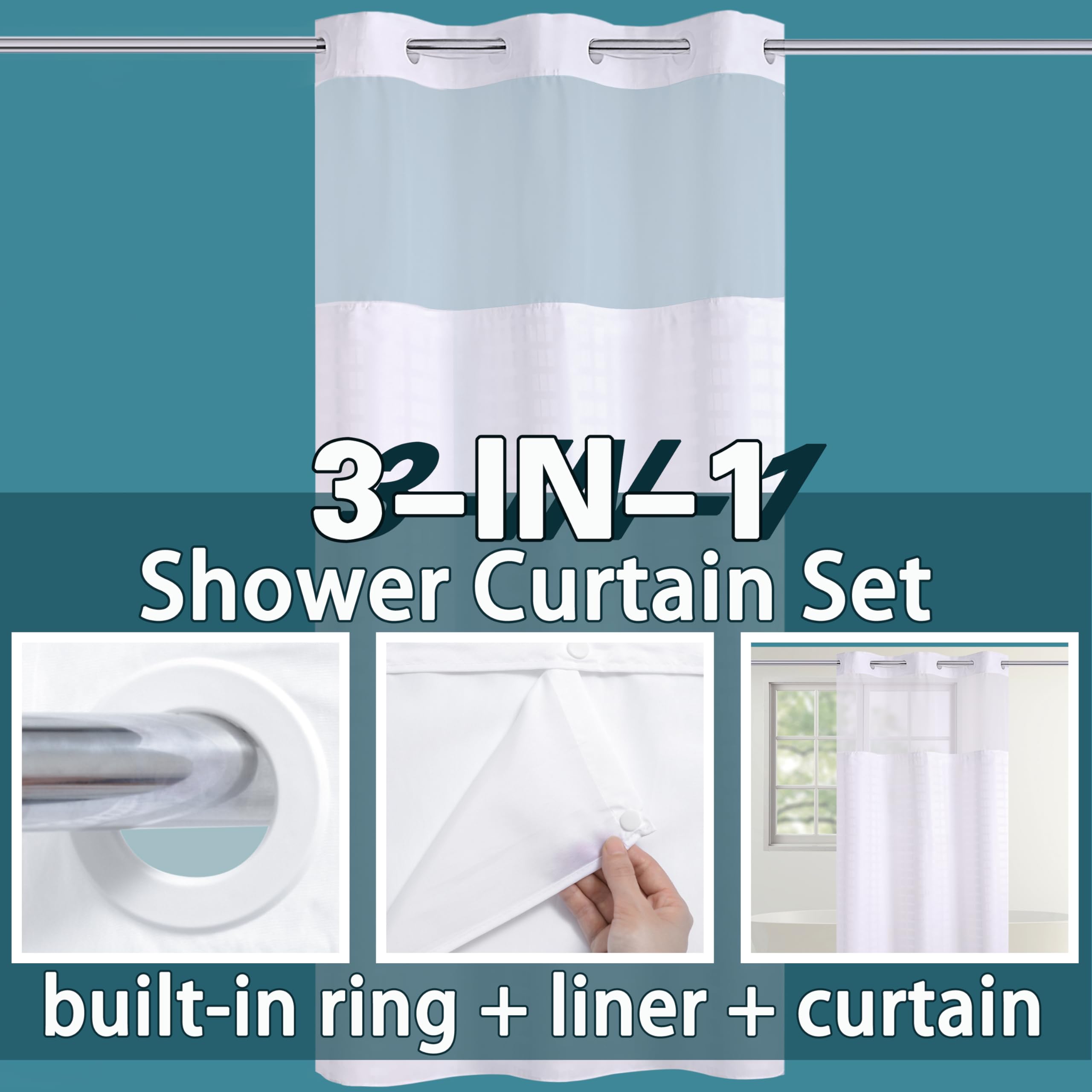 Conbo Mio Hotel Grade Fabric Shower Curtain Small Stall White Shower Curtain with Snap in Liner for Bathroom with See Through Top Window  Spa  Machine Washable (Check-White 36W x 74H)