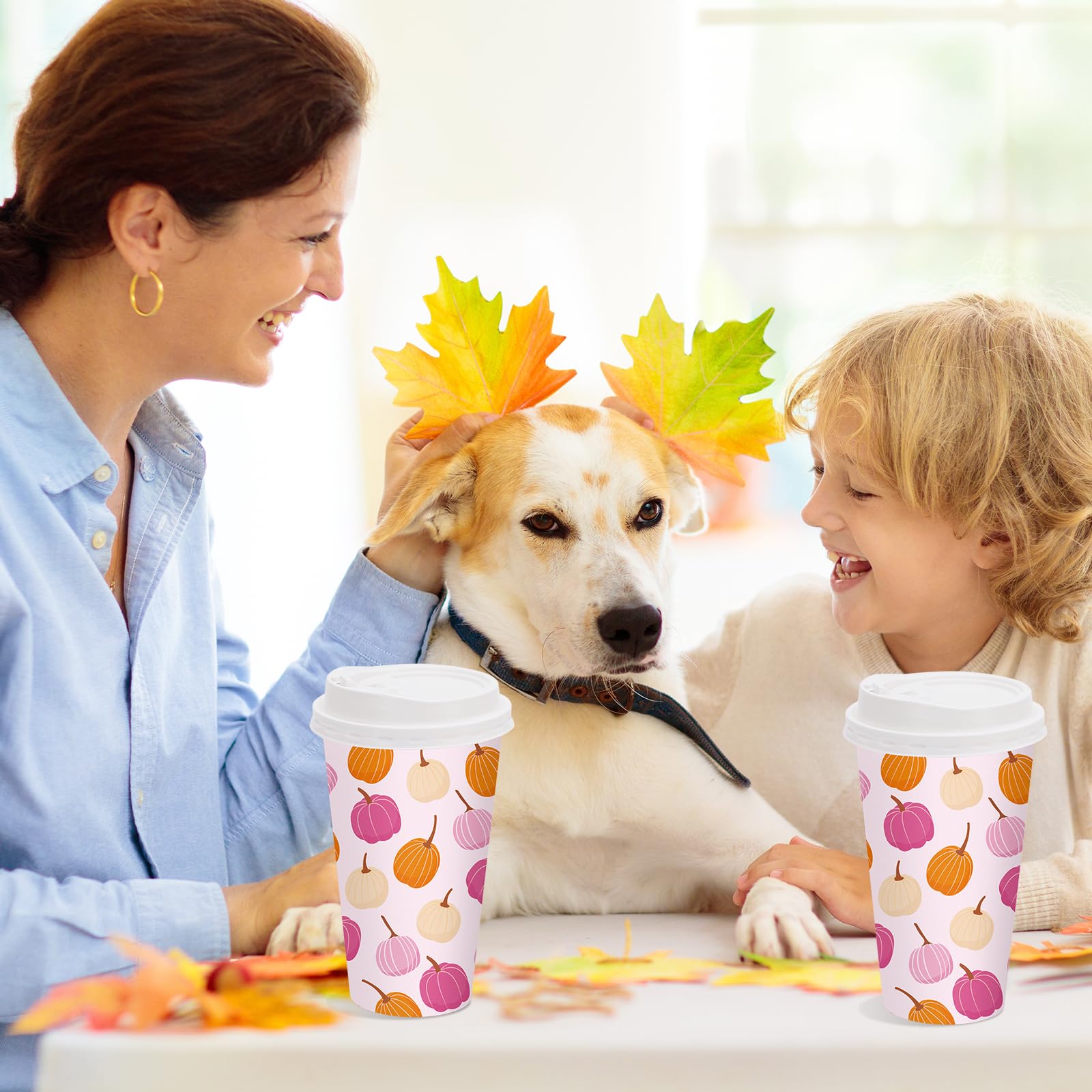 Whaline 50 Pcs Fall Disposable Coffee Cup with Lid 16 Oz Pink Thanksgiving Pumpkin Paper Cup Drinking Cups for Autumn Cafe Shop