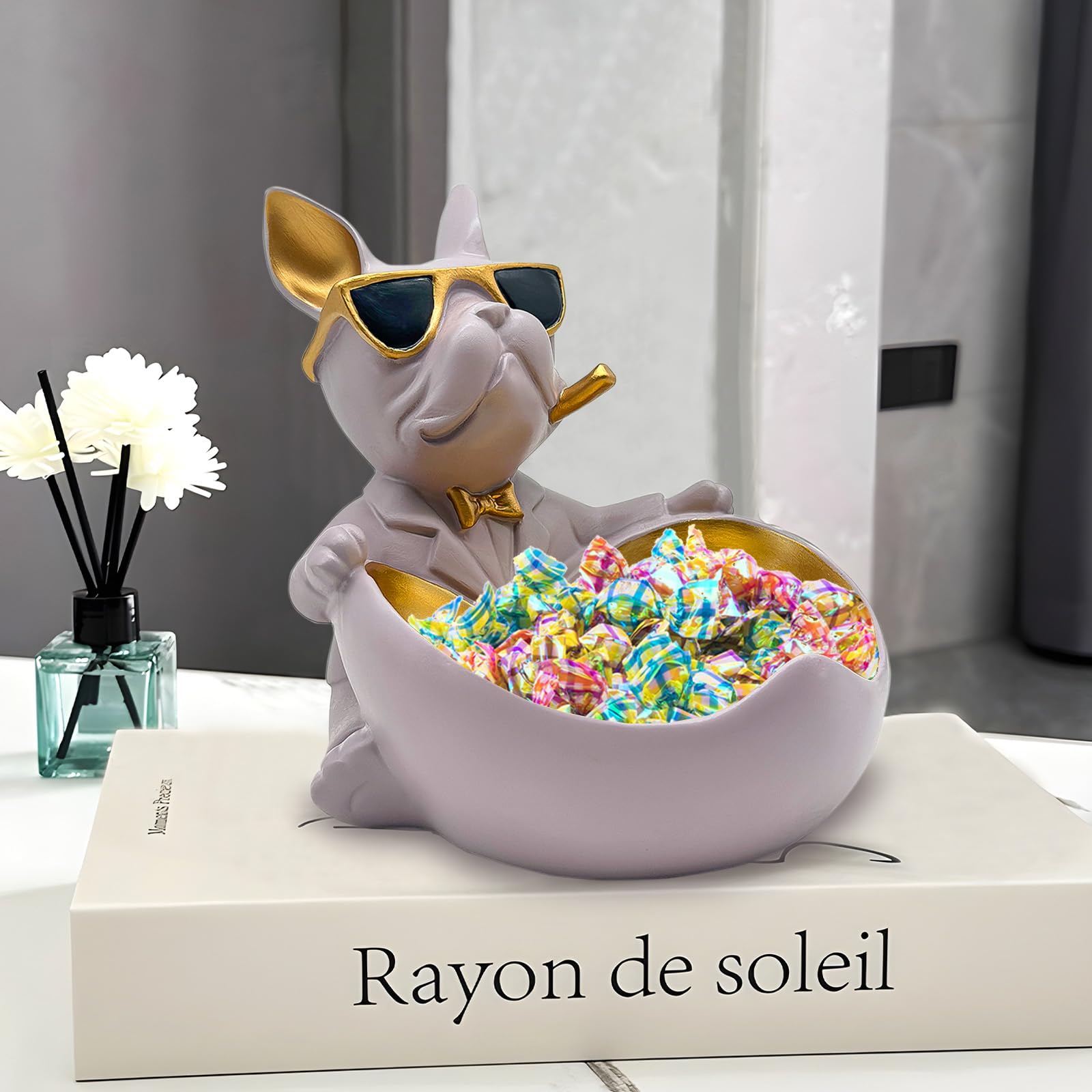 Huhote Bulldog Candy Bowl Decor, Heart-shaped Key Holder Bowl Candy Dish, Bulldog Accessories, Resin Bulldog Statue for Office D