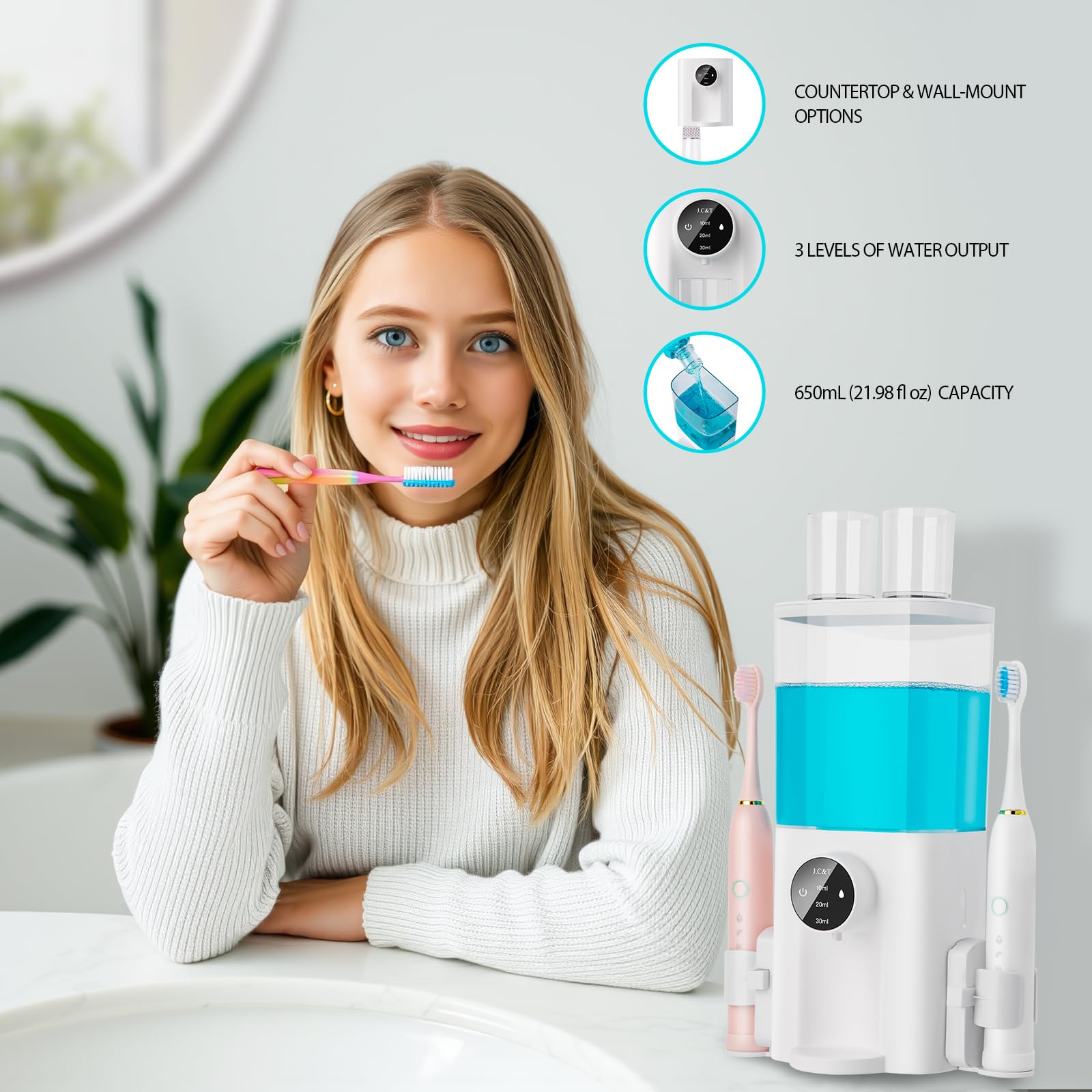 J.C&T Automatic Mouthwash Dispenser For Bathroom,21.98 Floz (650Ml) Dispensers With Magnetic Cups,Toothbrush Holders Wall Mounte